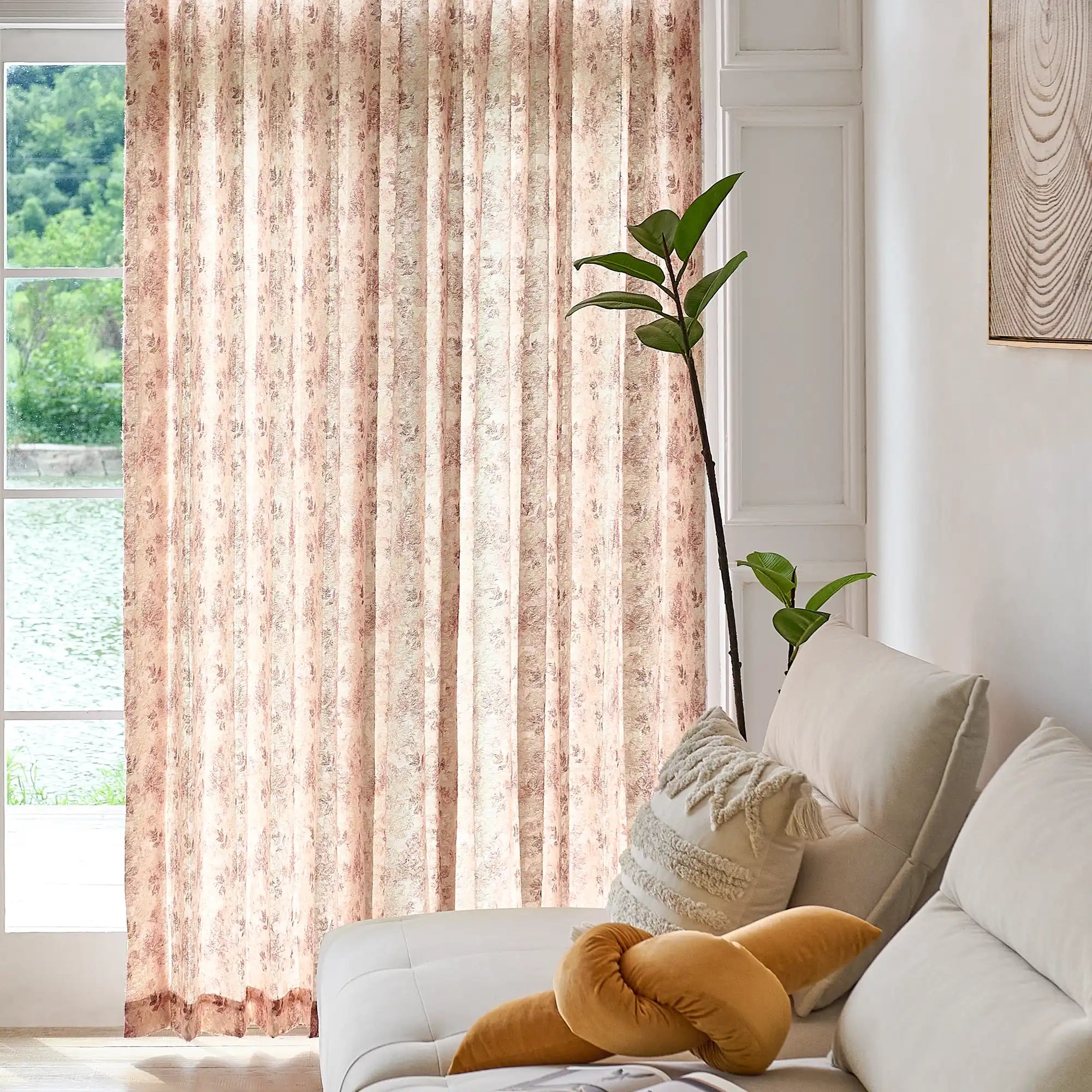 Havelle Blush Beige Botanical Leaf Print Sheer Curtains