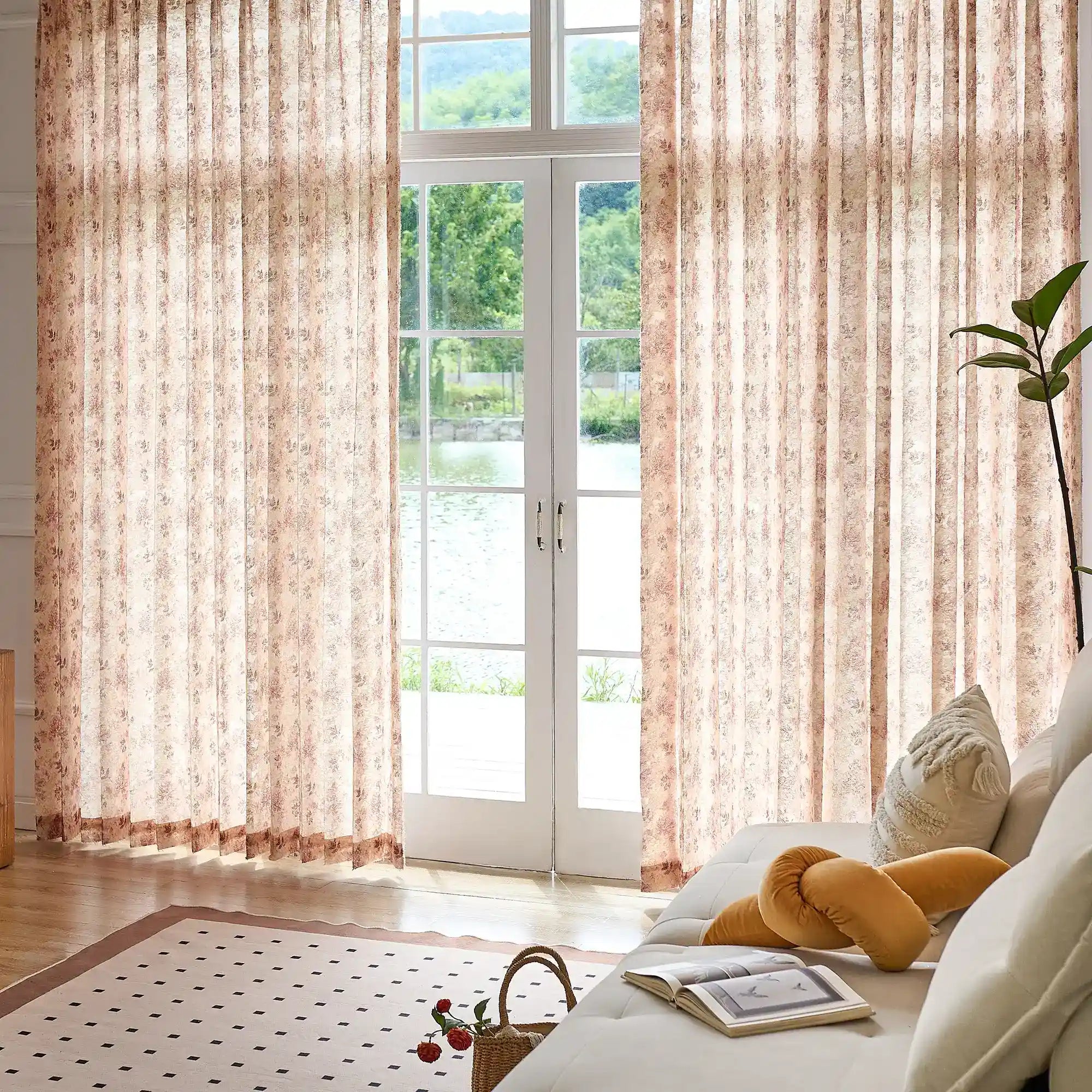 Havelle Blush Beige Botanical Leaf Print Sheer Curtains
