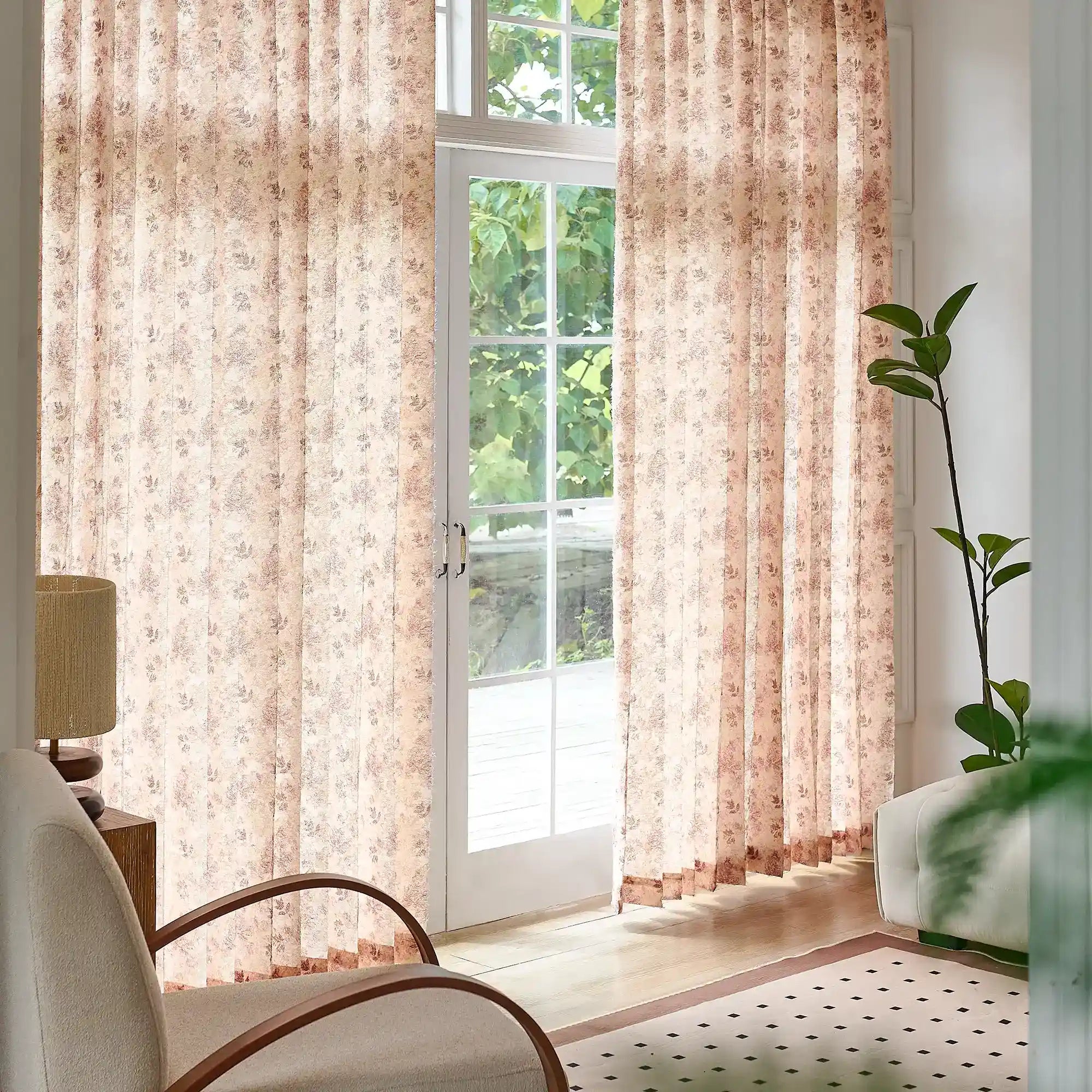Havelle Blush Beige Botanical Leaf Print Sheer Curtains