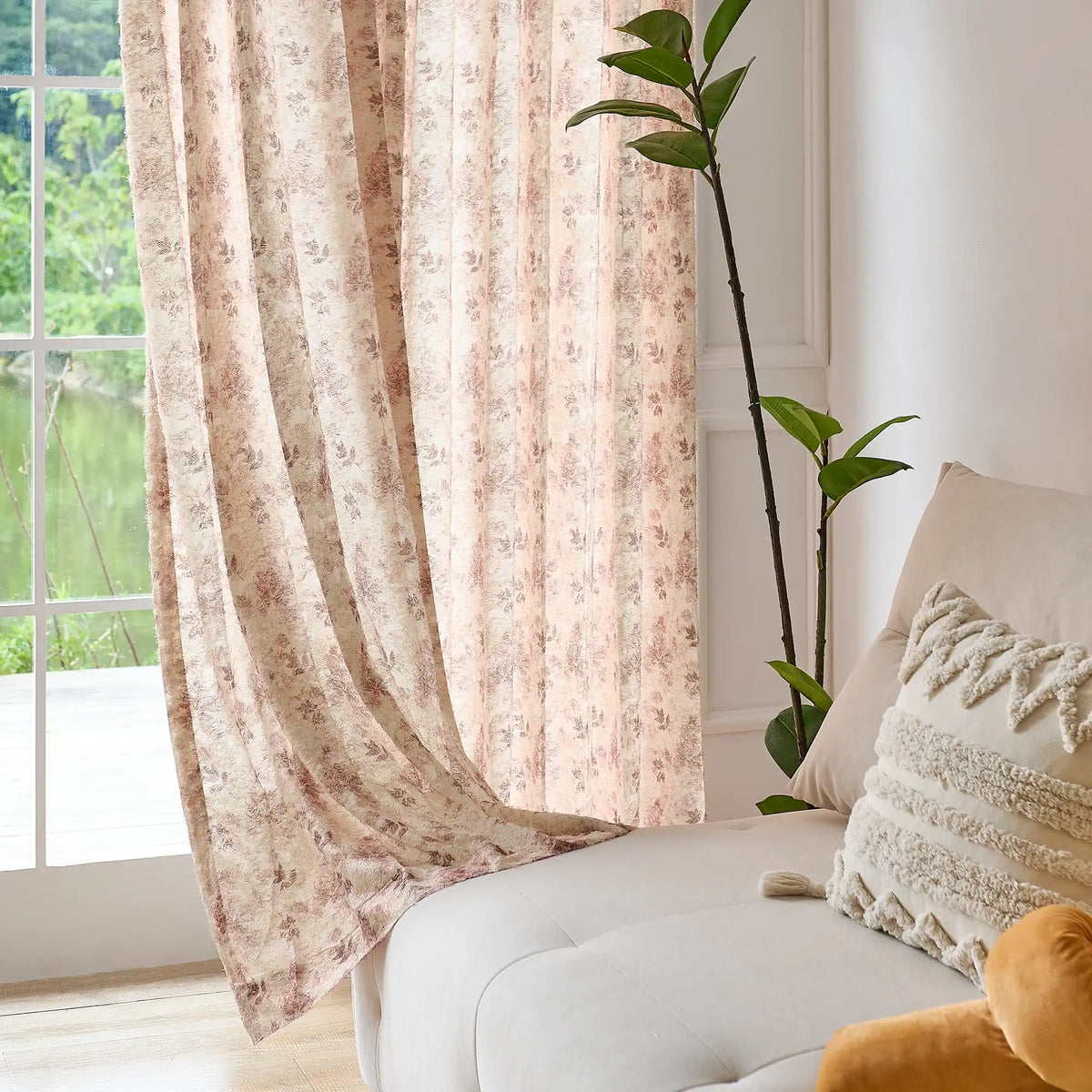 Havelle Blush Beige Botanical Leaf Print Sheer Curtains