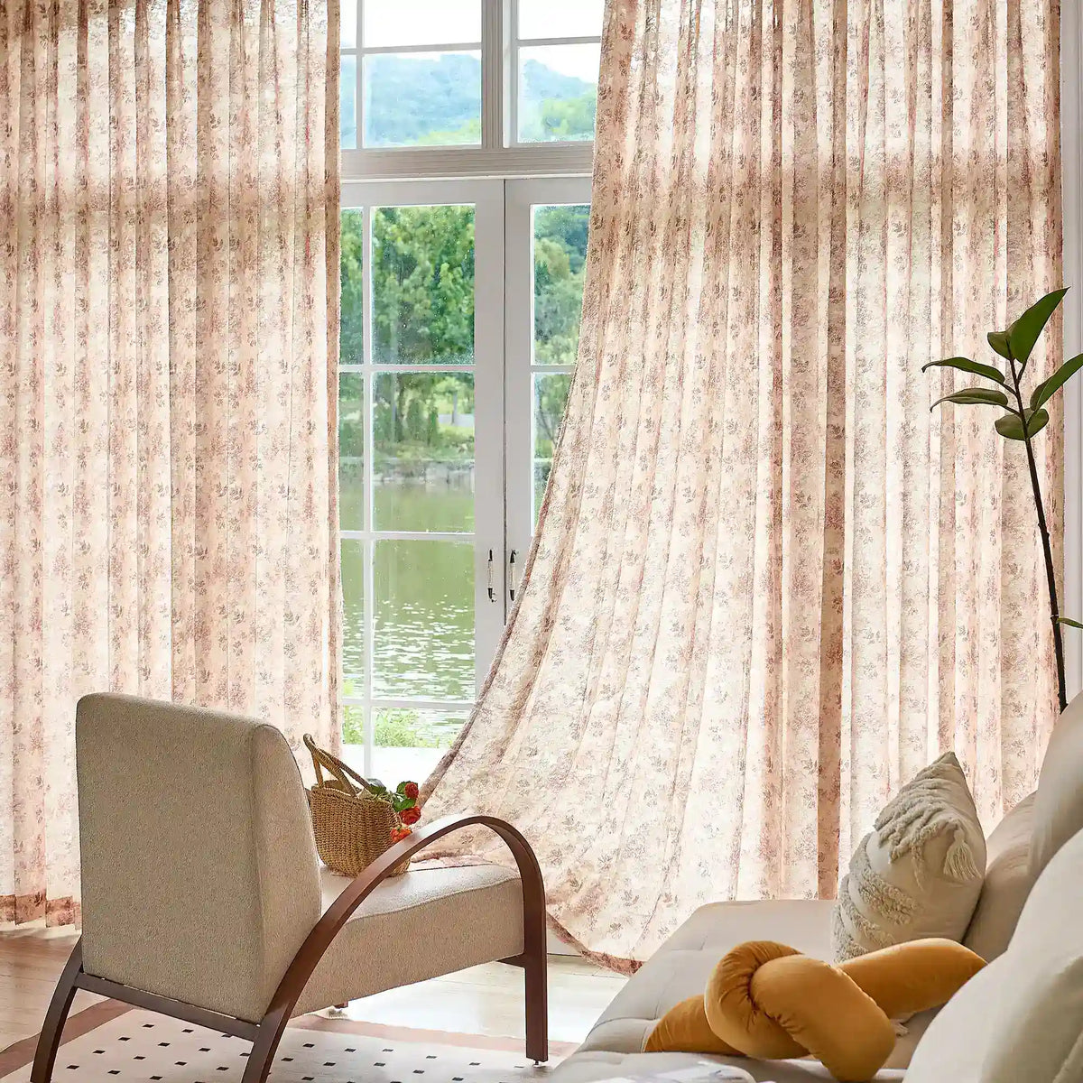 Havelle Blush Beige Botanical Leaf Print Sheer Curtains