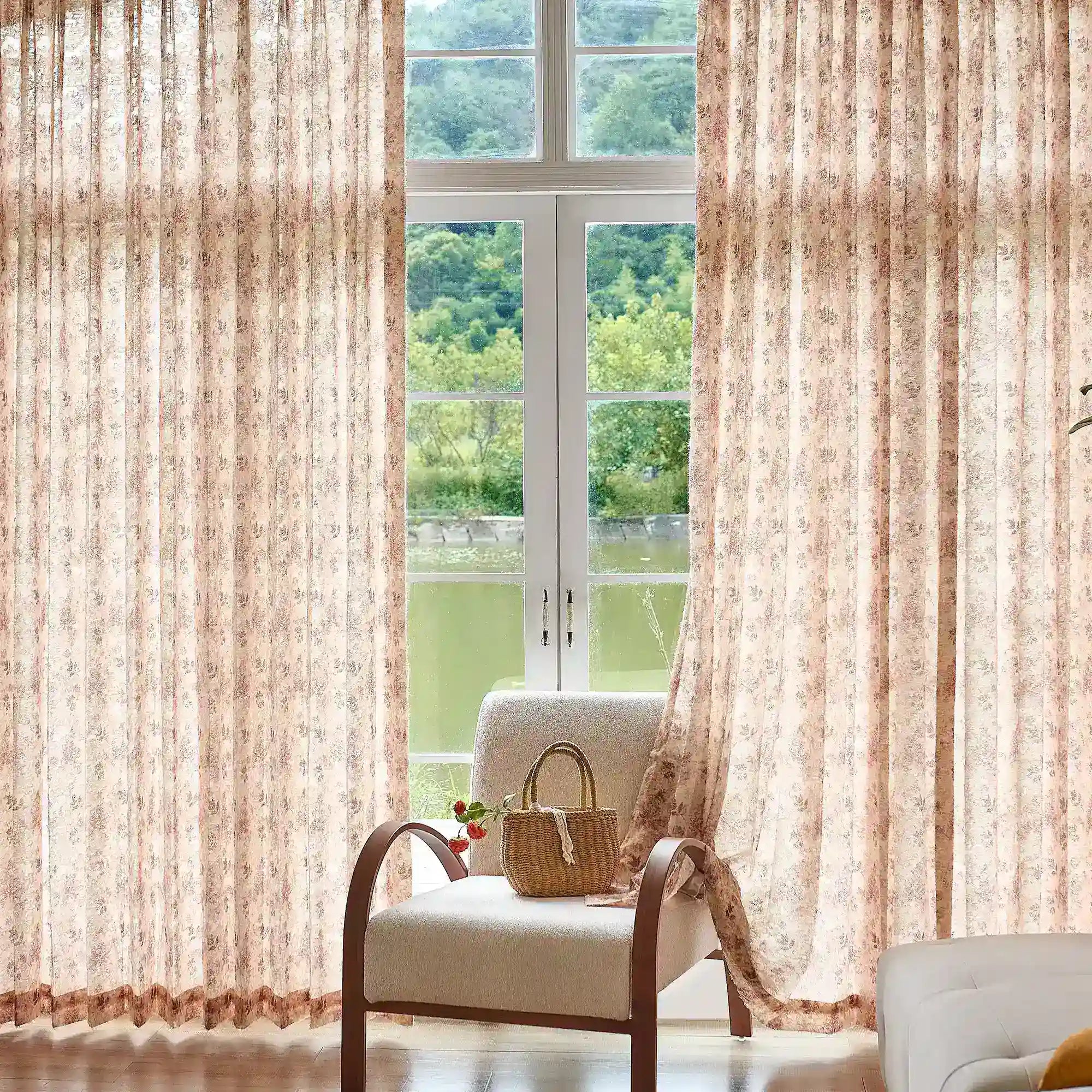 Havelle Blush Beige Botanical Leaf Print Sheer Curtains