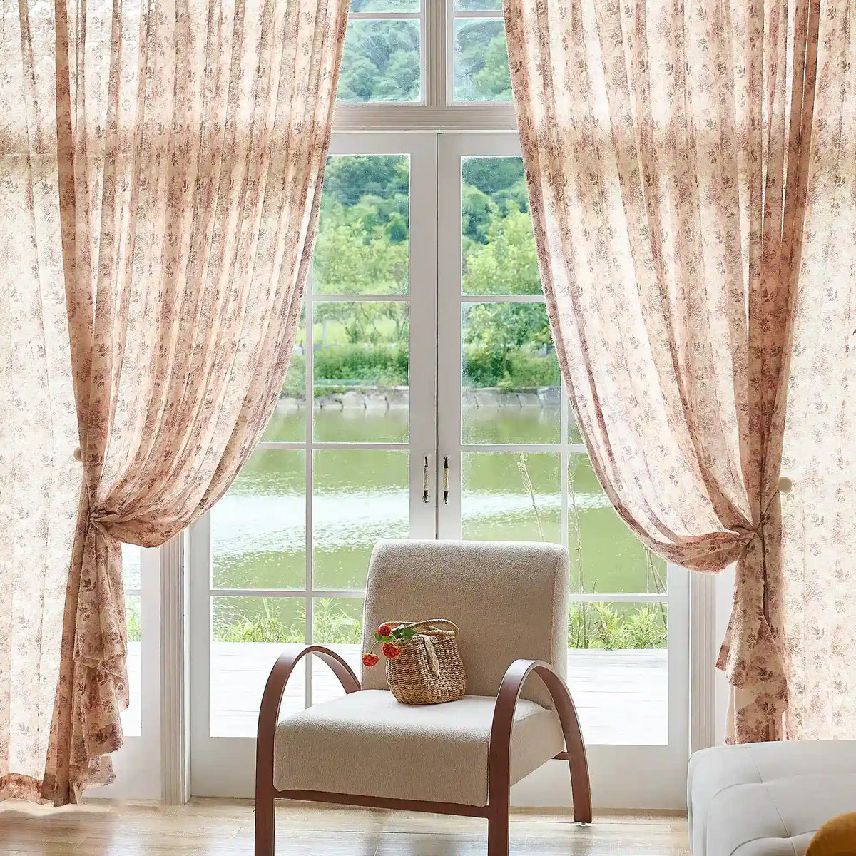 Havelle Blush Beige Botanical Leaf Print Sheer Curtains