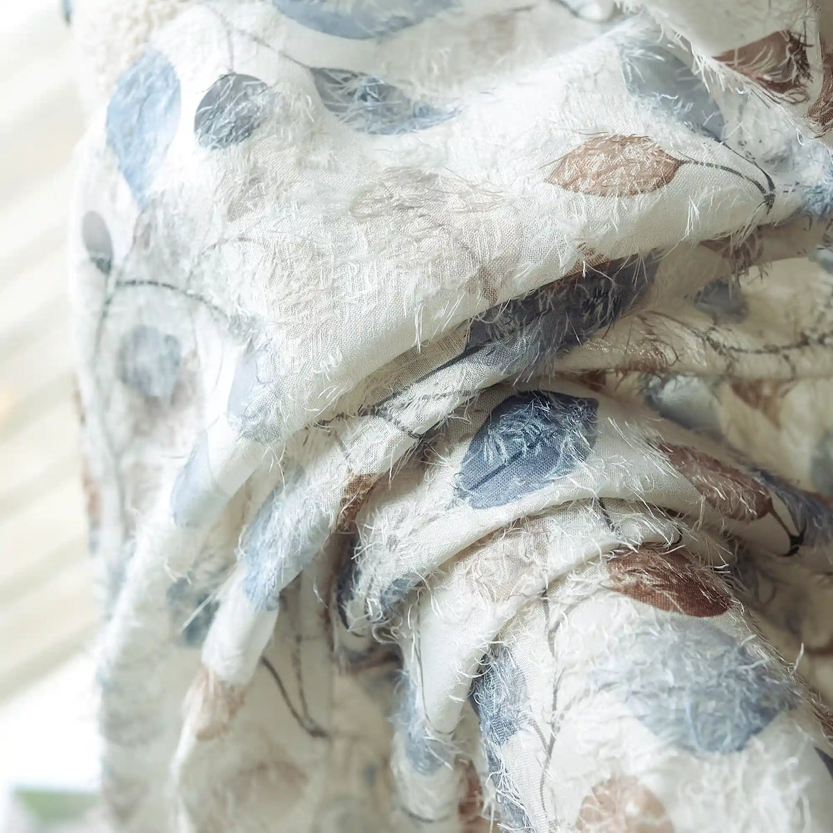 Ilyana Blue & Beige Leaf Patterned Print Sheer Curtains