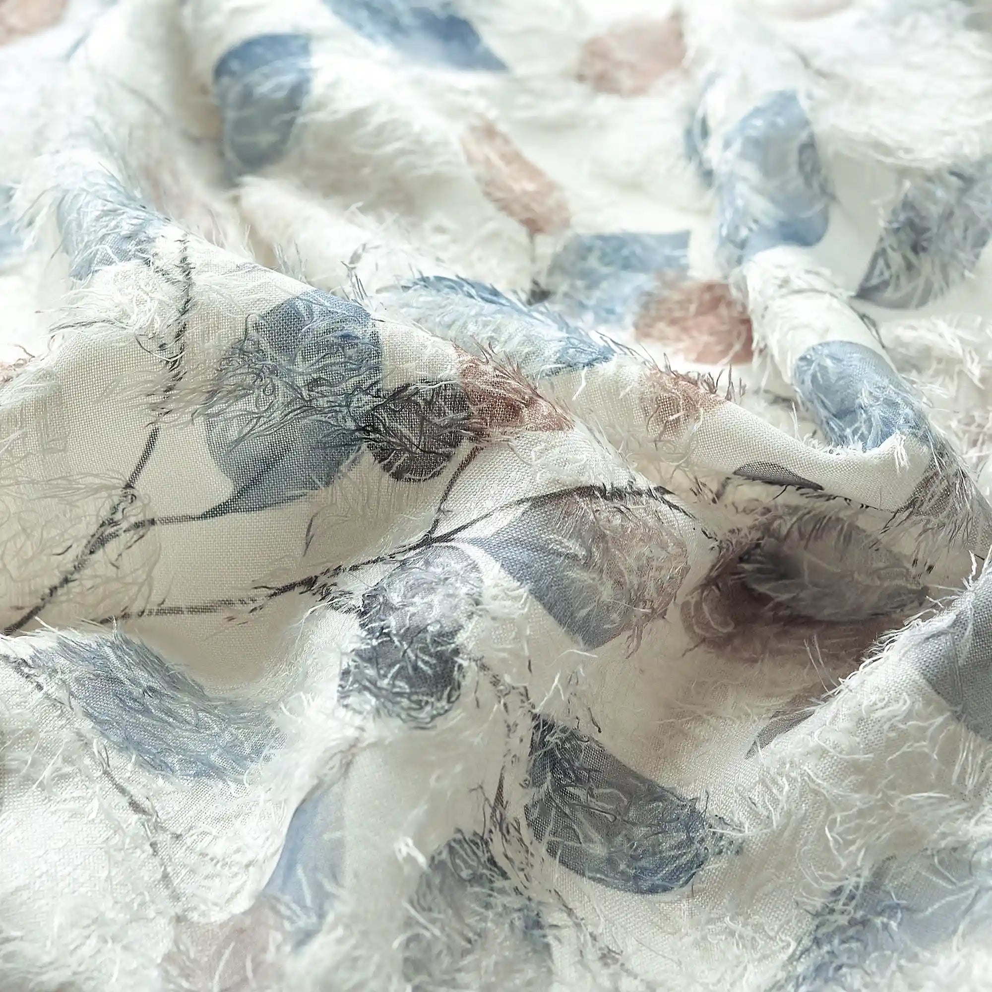 Ilyana Blue & Beige Leaf Patterned Print Sheer Curtains