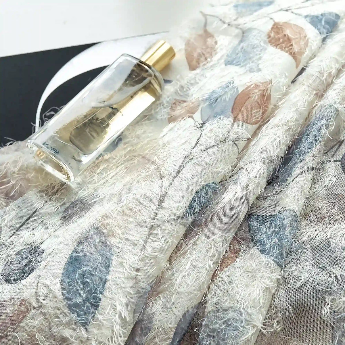 Ilyana Blue & Beige Leaf Patterned Print Sheer Curtains