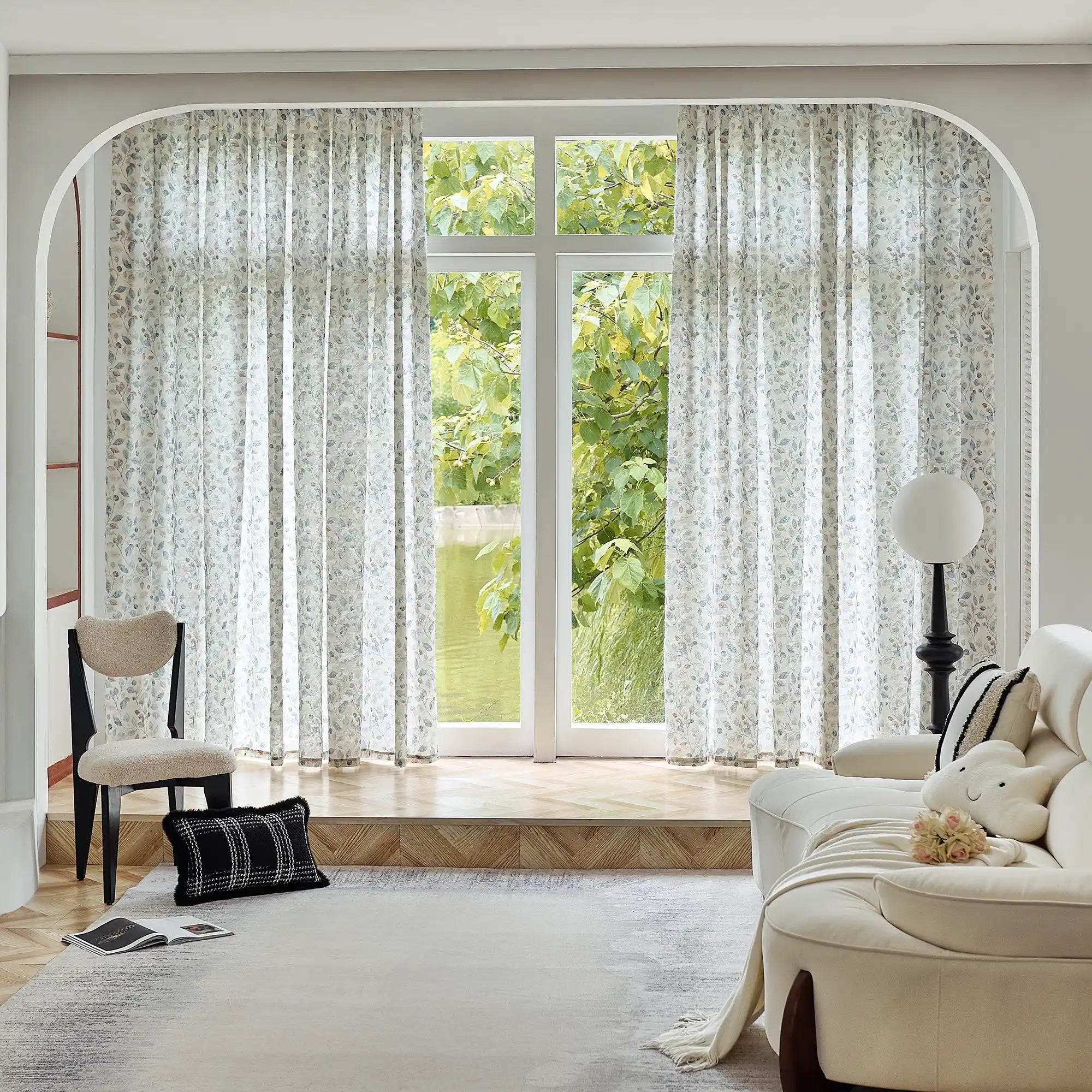 Ilyana Blue & Beige Leaf Patterned Print Sheer Curtains