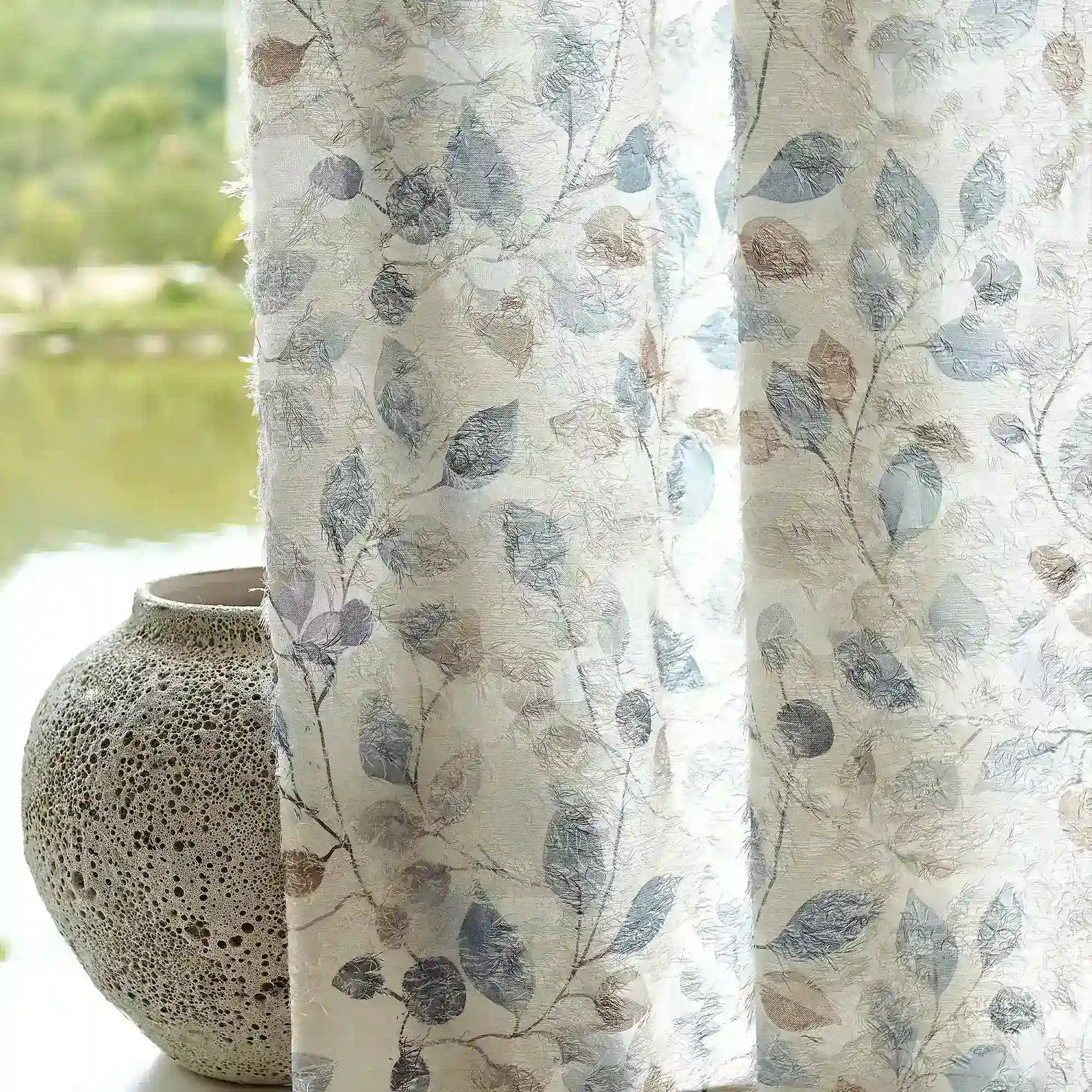 Ilyana Blue & Beige Leaf Patterned Print Sheer Curtains