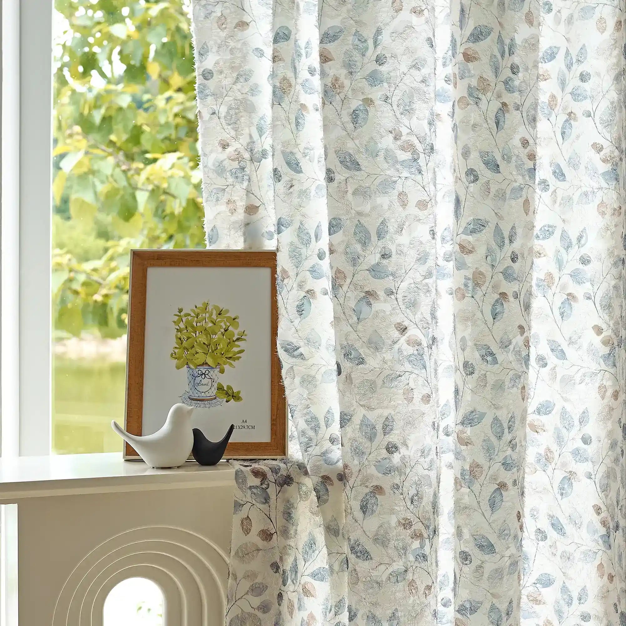 Ilyana Blue & Beige Leaf Patterned Print Sheer Curtains