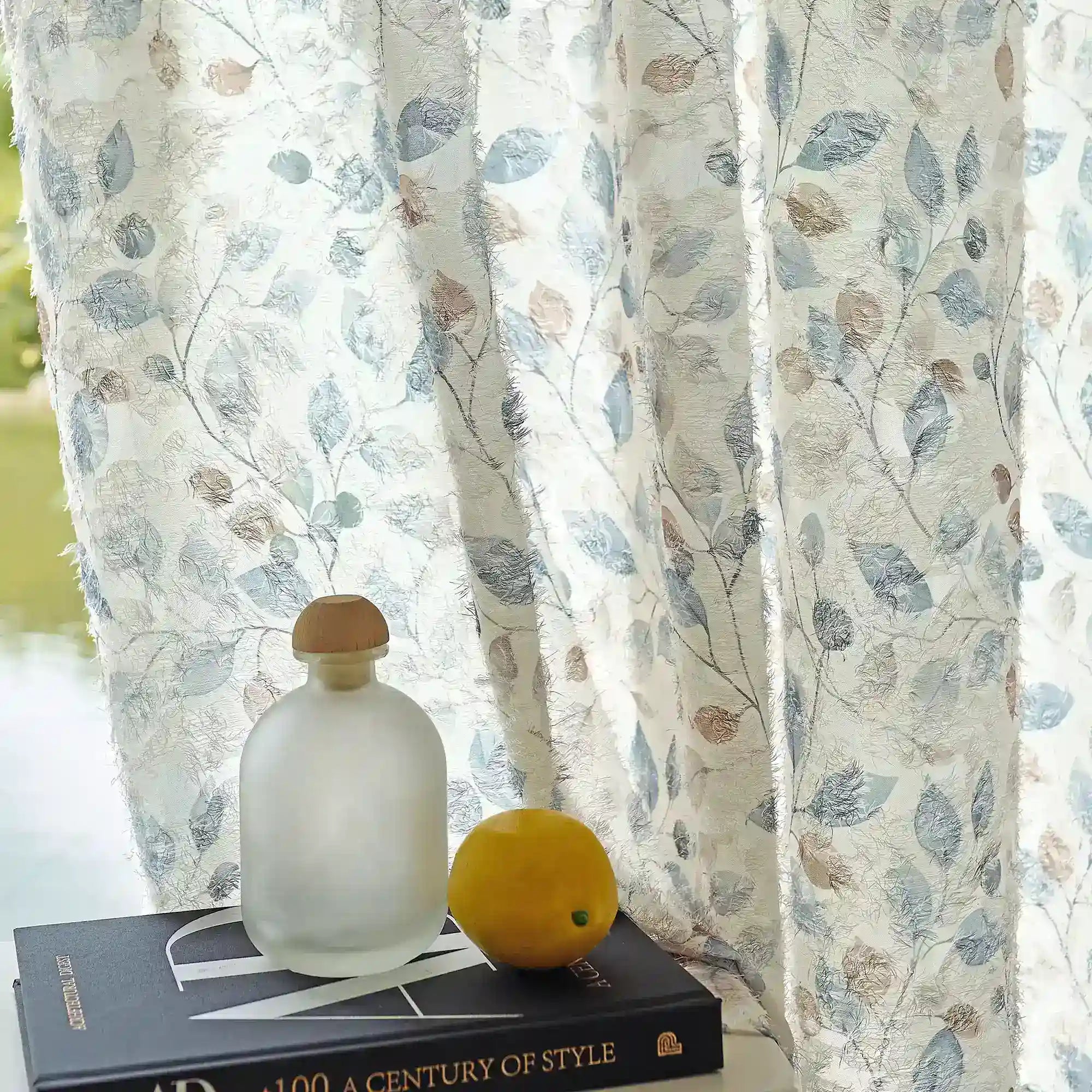 Ilyana Blue & Beige Leaf Patterned Print Sheer Curtains