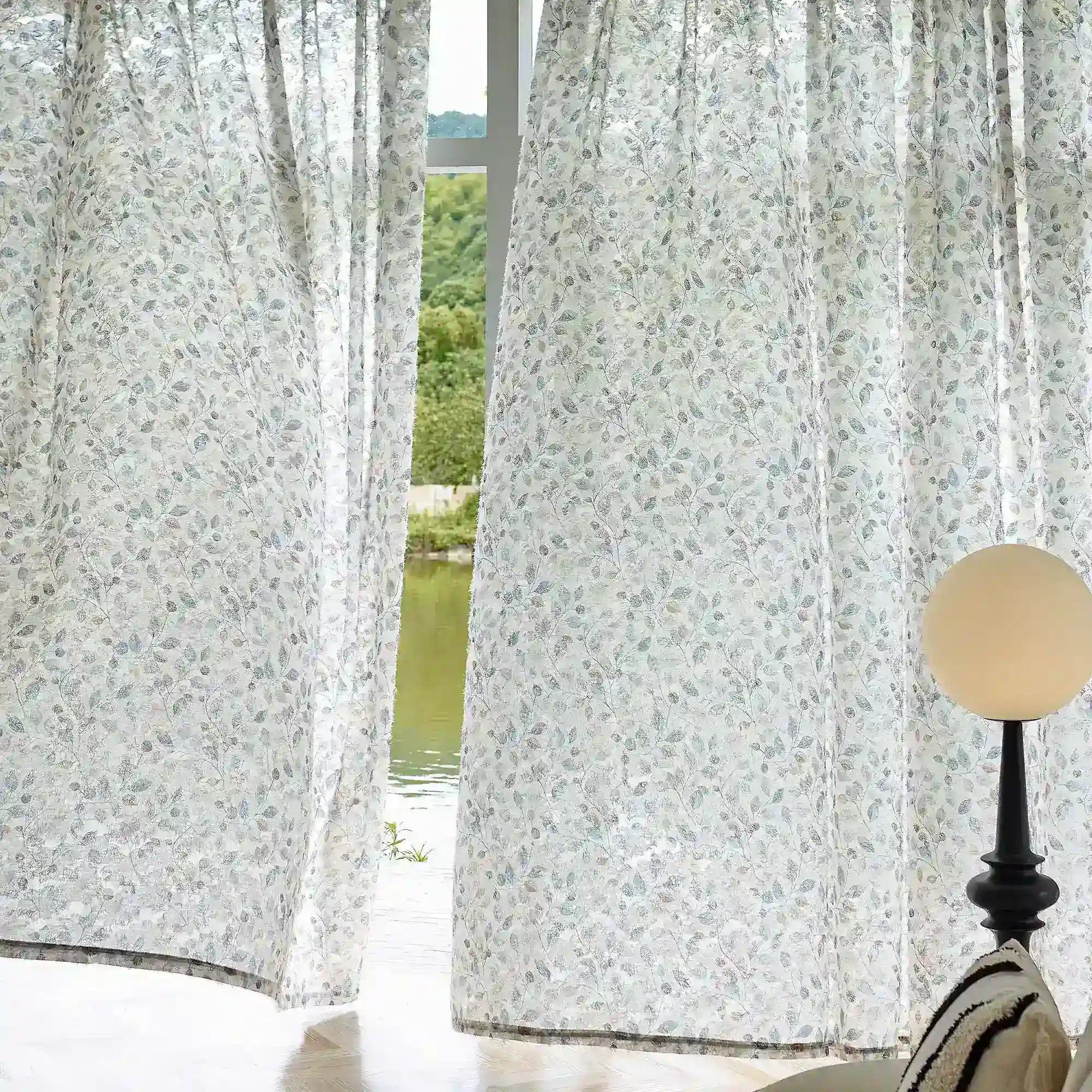 Ilyana Blue & Beige Leaf Patterned Print Sheer Curtains