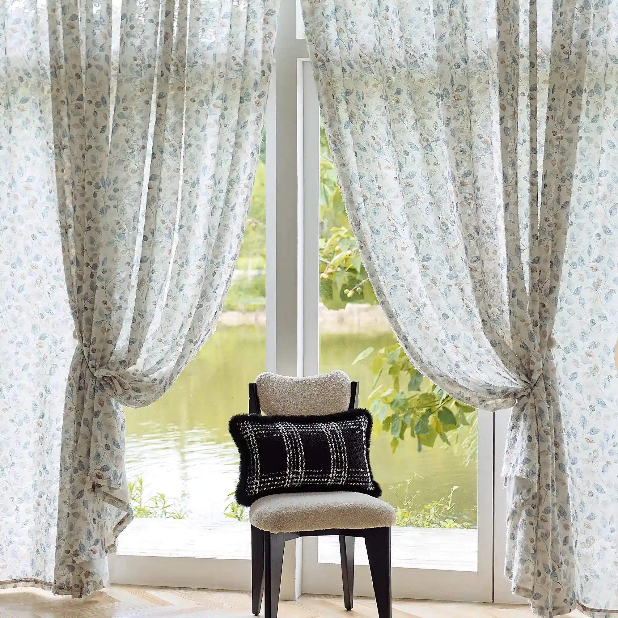 Ilyana Blue & Beige Leaf Patterned Print Sheer Curtains