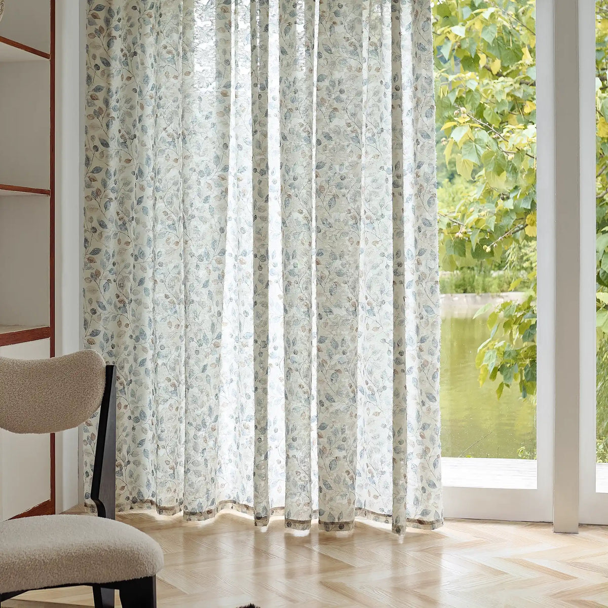 Ilyana Blue & Beige Leaf Patterned Print Sheer Curtains