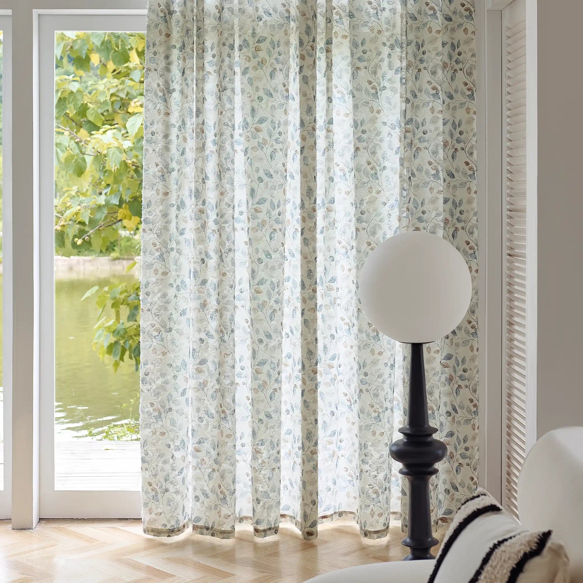 Ilyana Blue & Beige Leaf Patterned Print Sheer Curtains