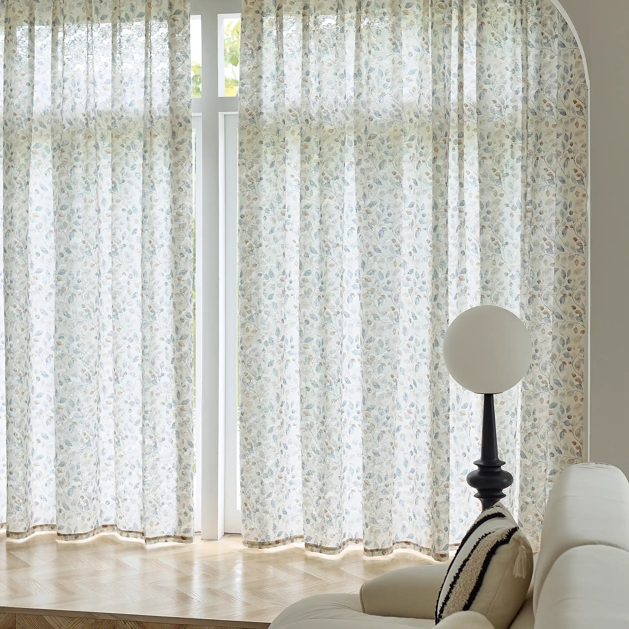 Ilyana Blue & Beige Leaf Patterned Print Sheer Curtains