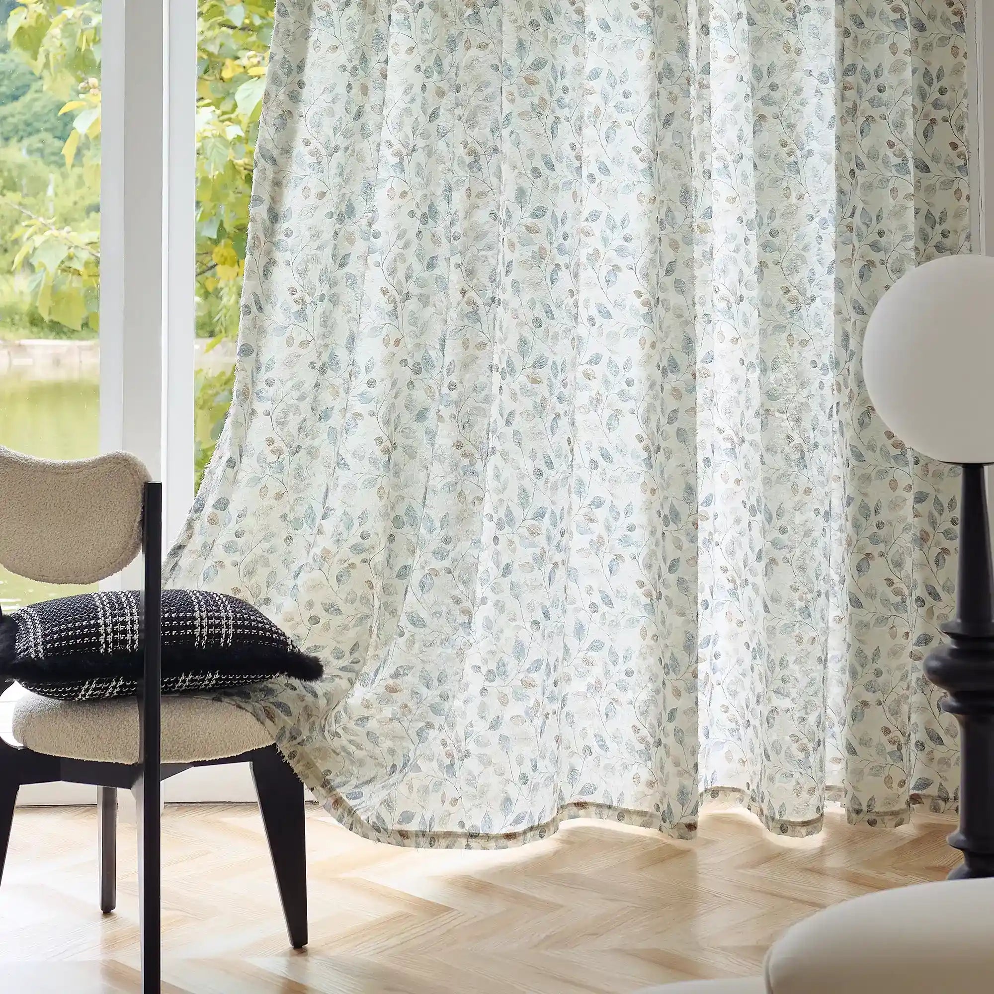 Ilyana Blue & Beige Leaf Patterned Print Sheer Curtains