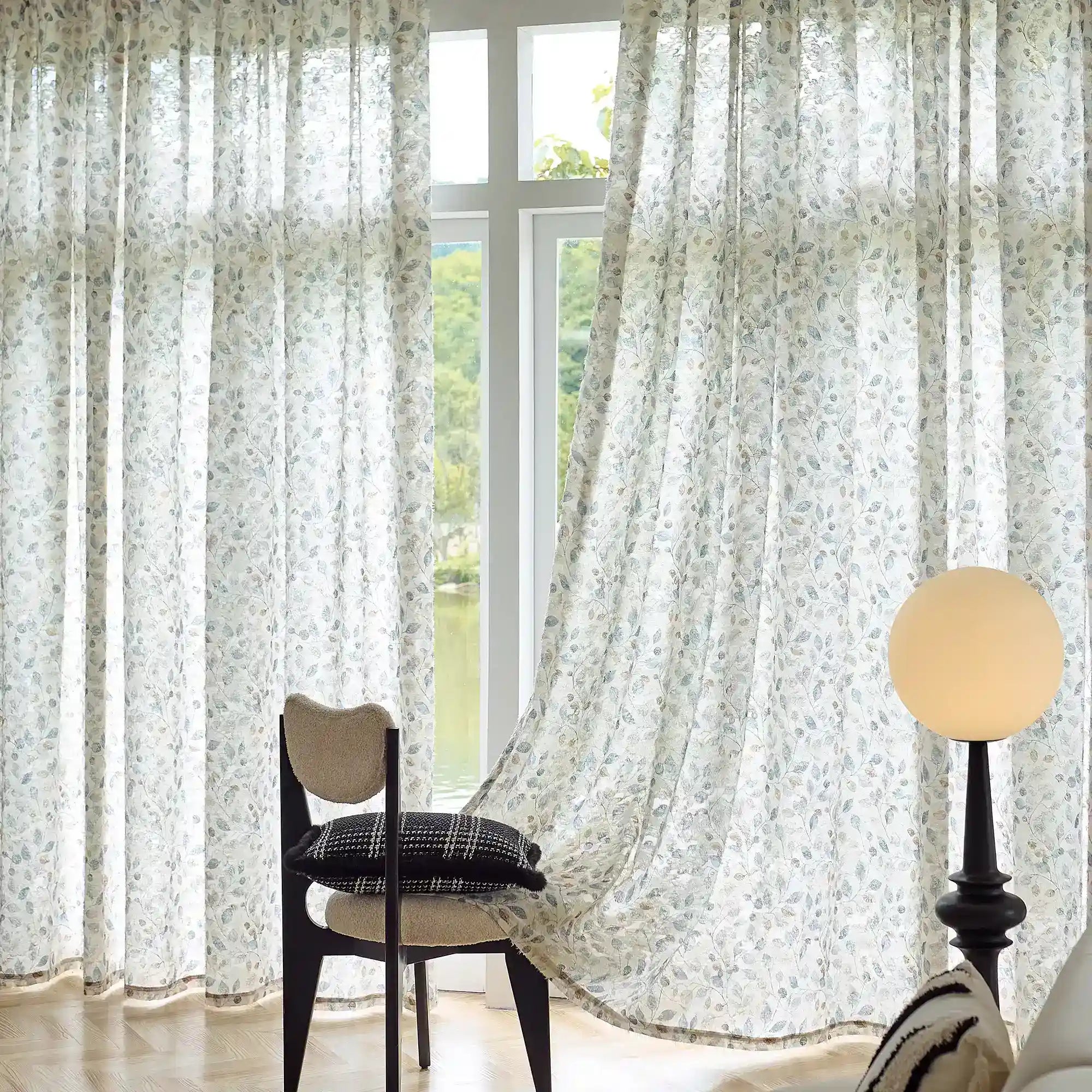 Ilyana Blue & Beige Leaf Patterned Print Sheer Curtains