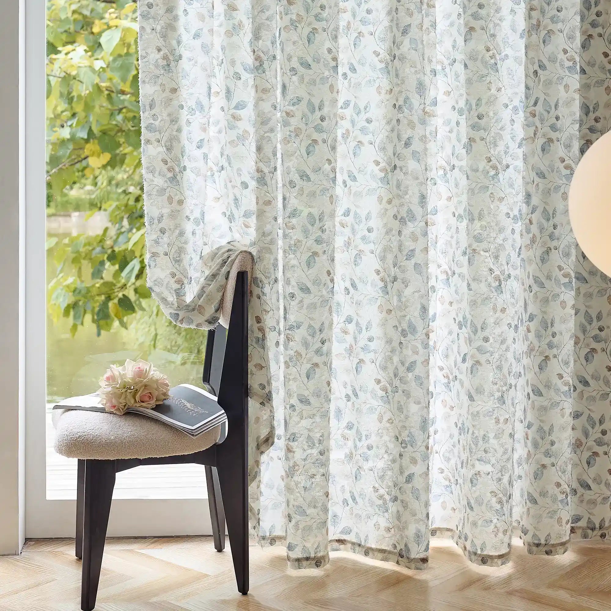 Ilyana Blue & Beige Leaf Patterned Print Sheer Curtains