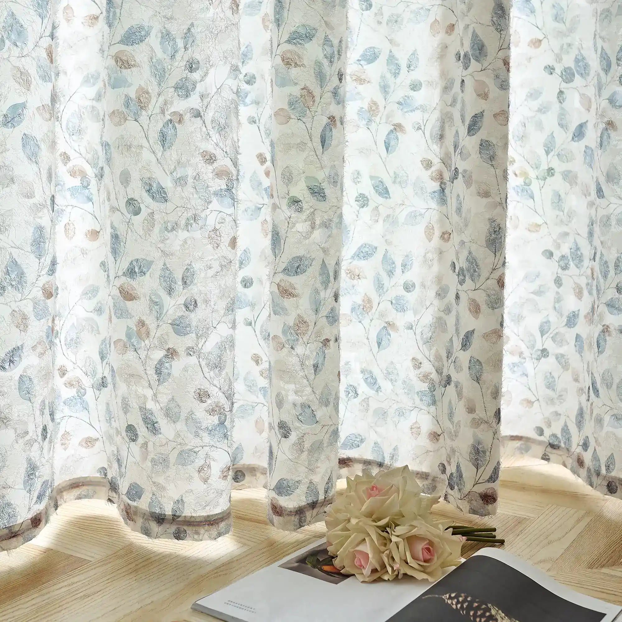 Ilyana Blue & Beige Leaf Patterned Print Sheer Curtains