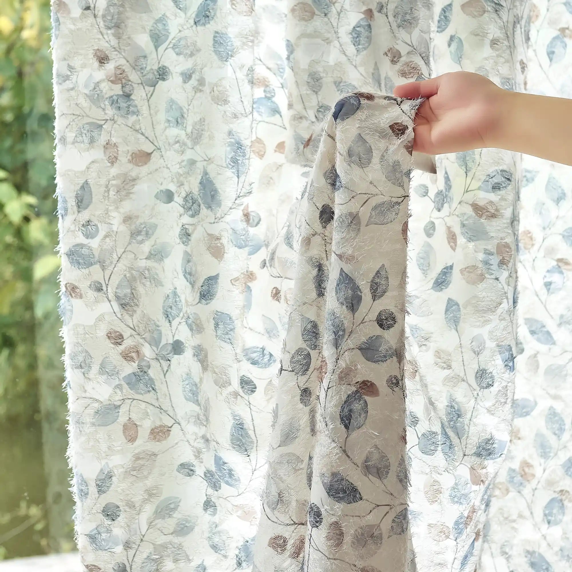 Ilyana Blue & Beige Leaf Patterned Print Sheer Curtains
