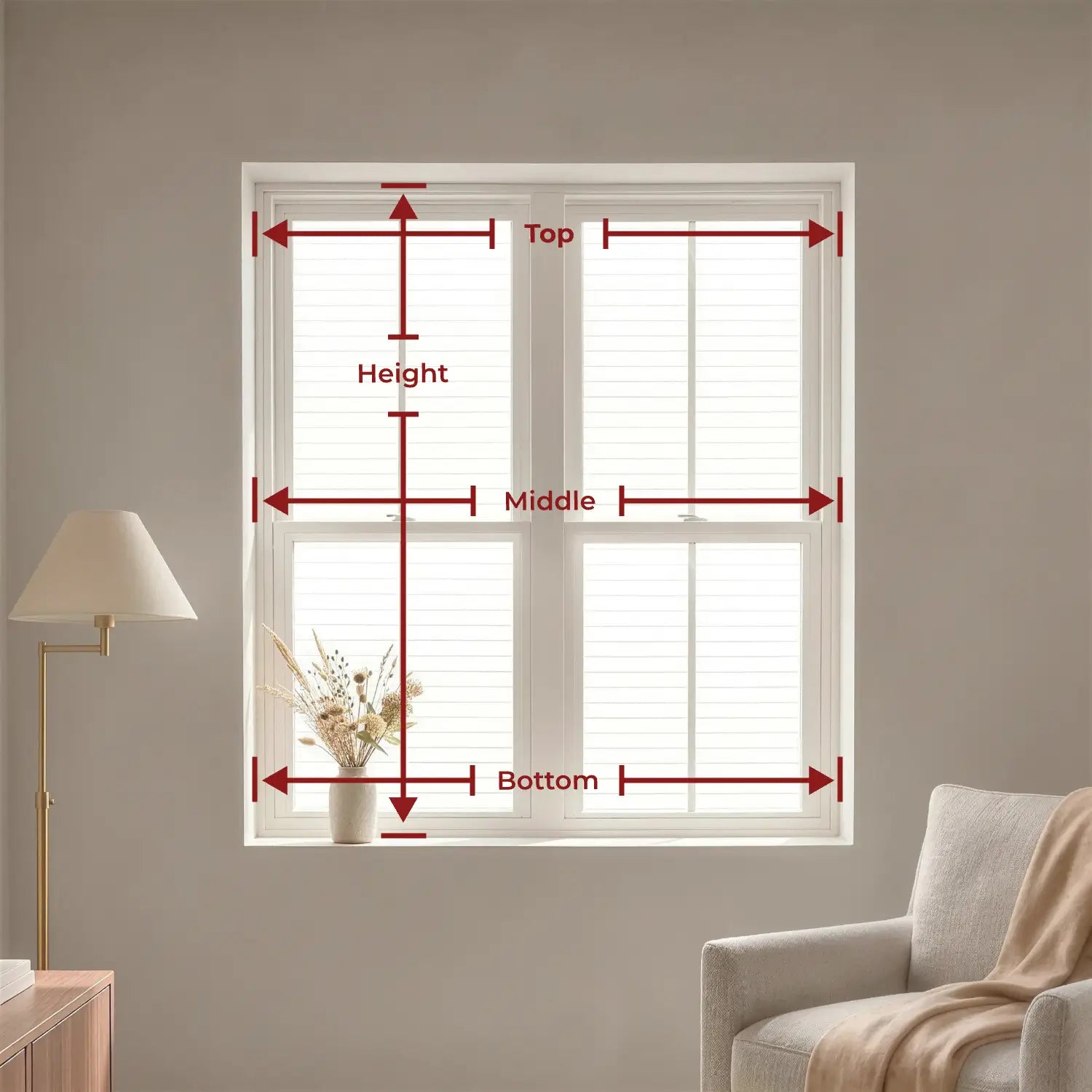 Translation missing: en.Window with measurement lines indicating height, middle, and bottom for window treatments