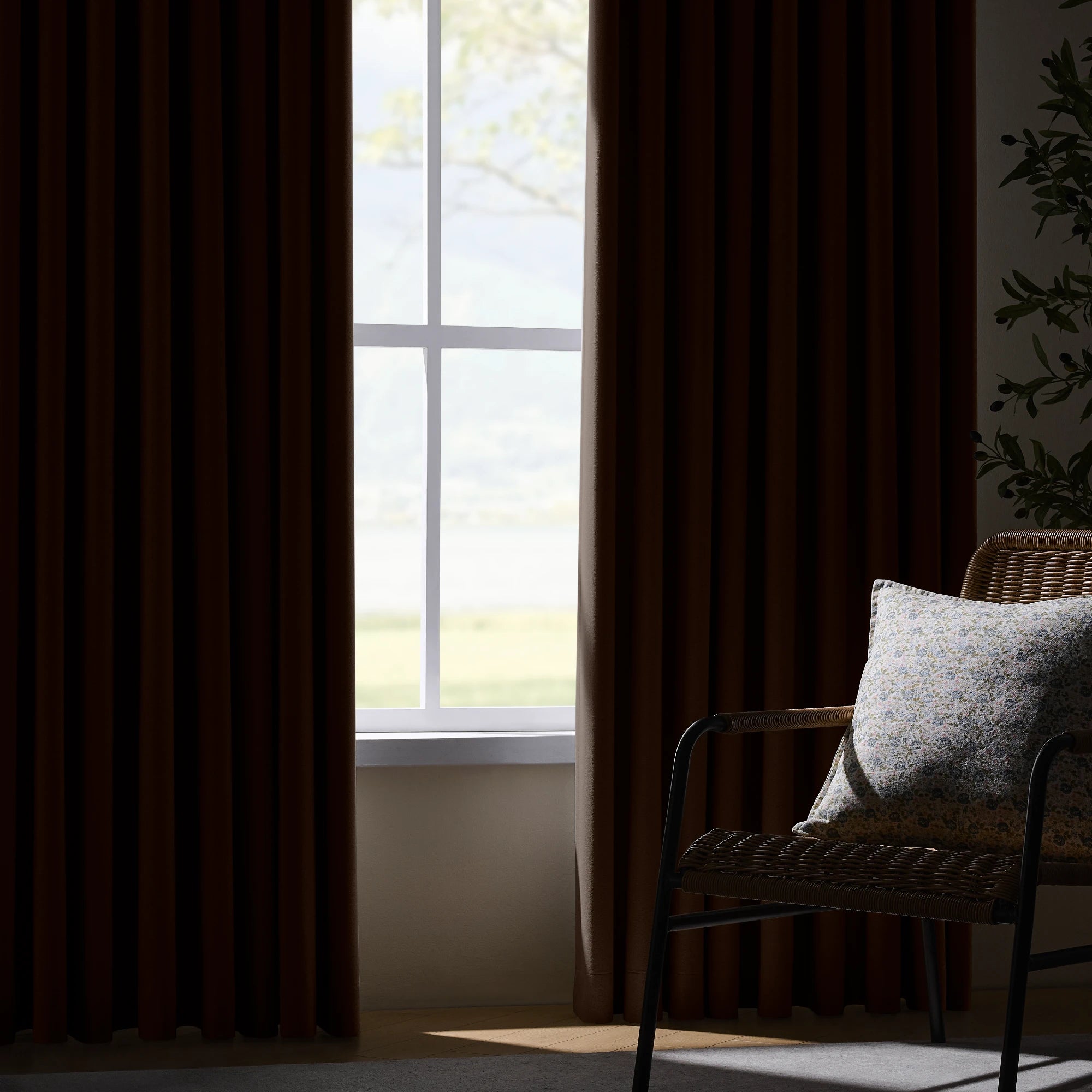Isadora OY6-238-26 scene 2 100% blackout curtains showcasing room darkening effect and elegant drape