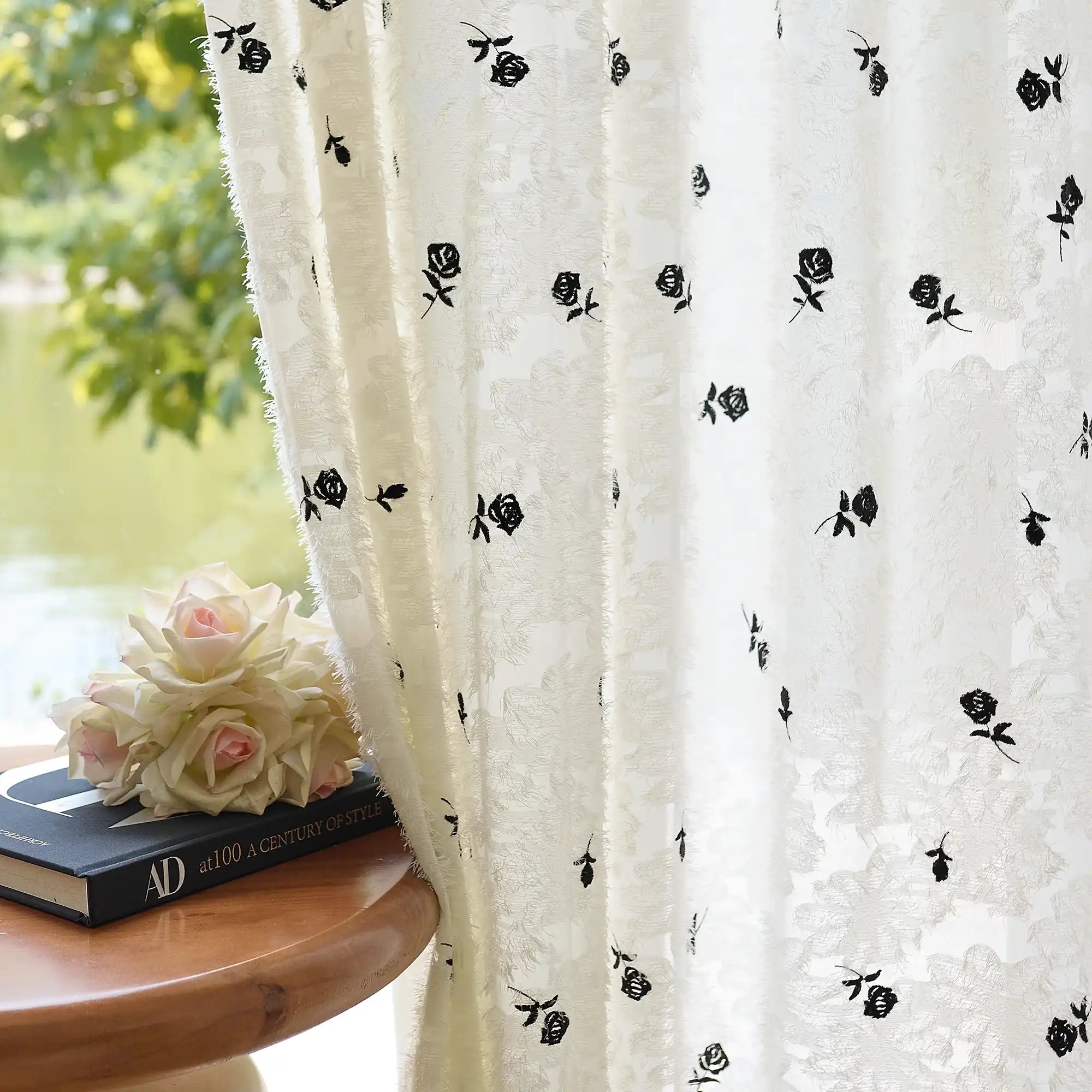 Jessara Black Rose Embroidered Sheer Curtain