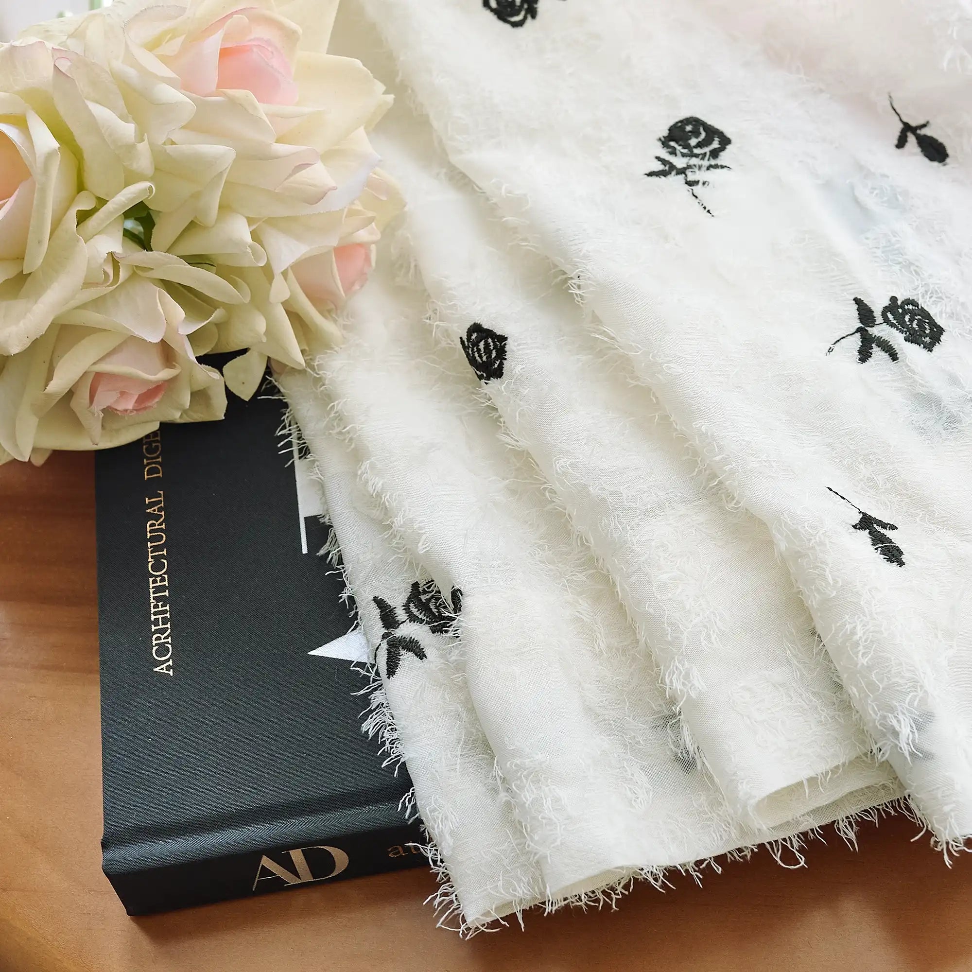 Jessara Black Rose Embroidered Sheer Curtain
