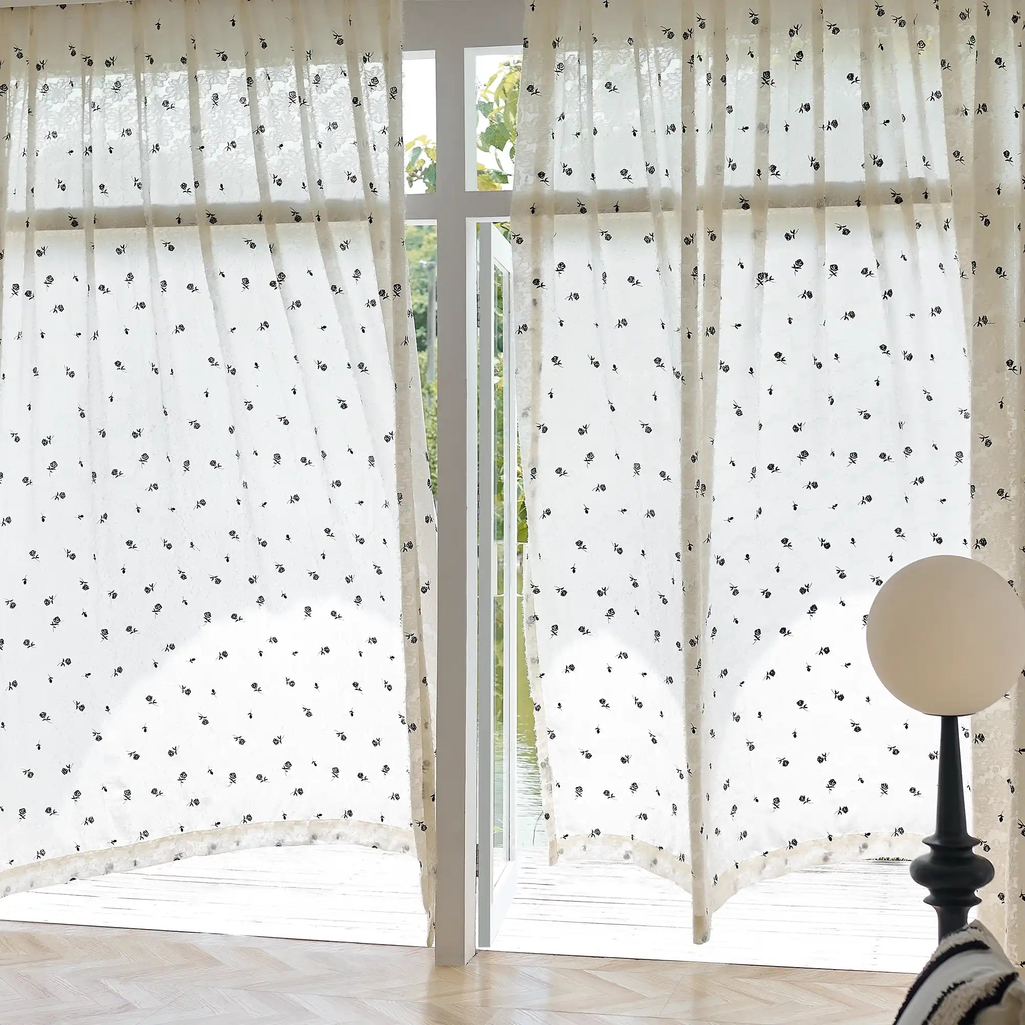 Jessara Black Rose Embroidered Sheer Curtain