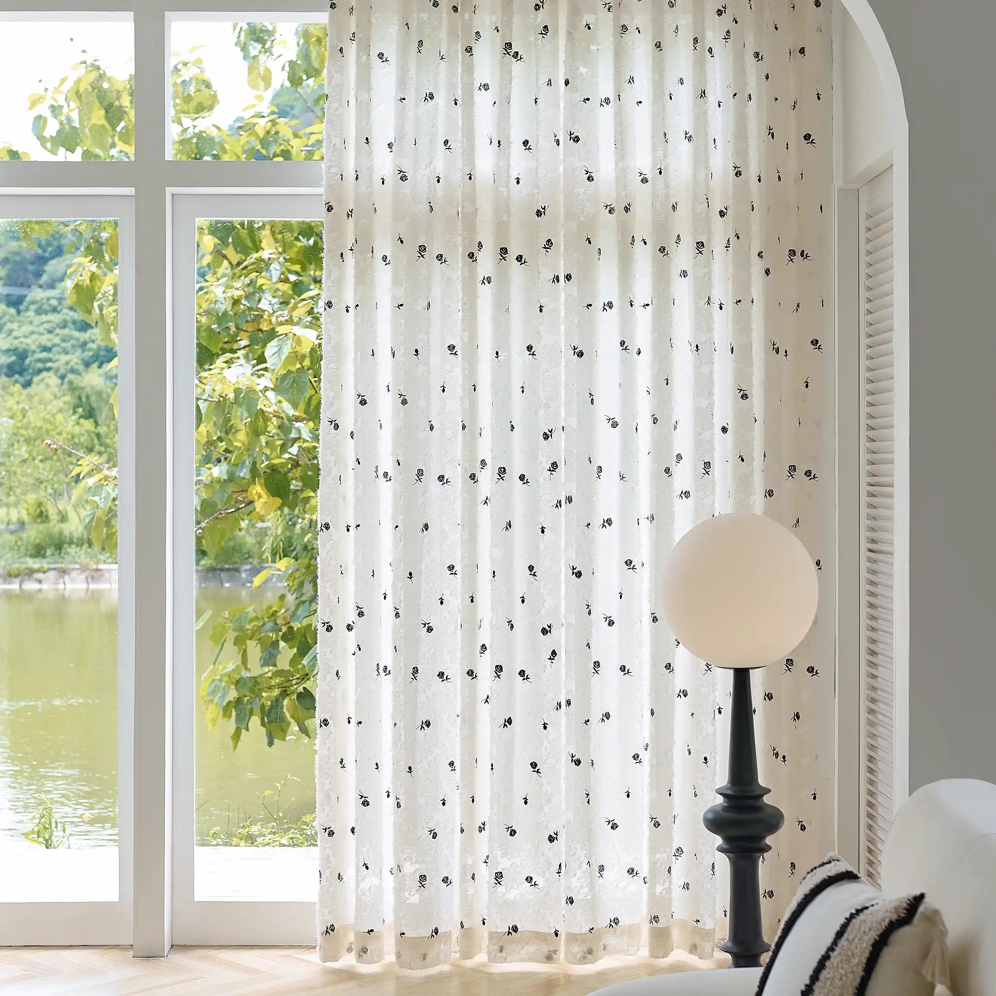 Jessara Black Rose Embroidered Sheer Curtain