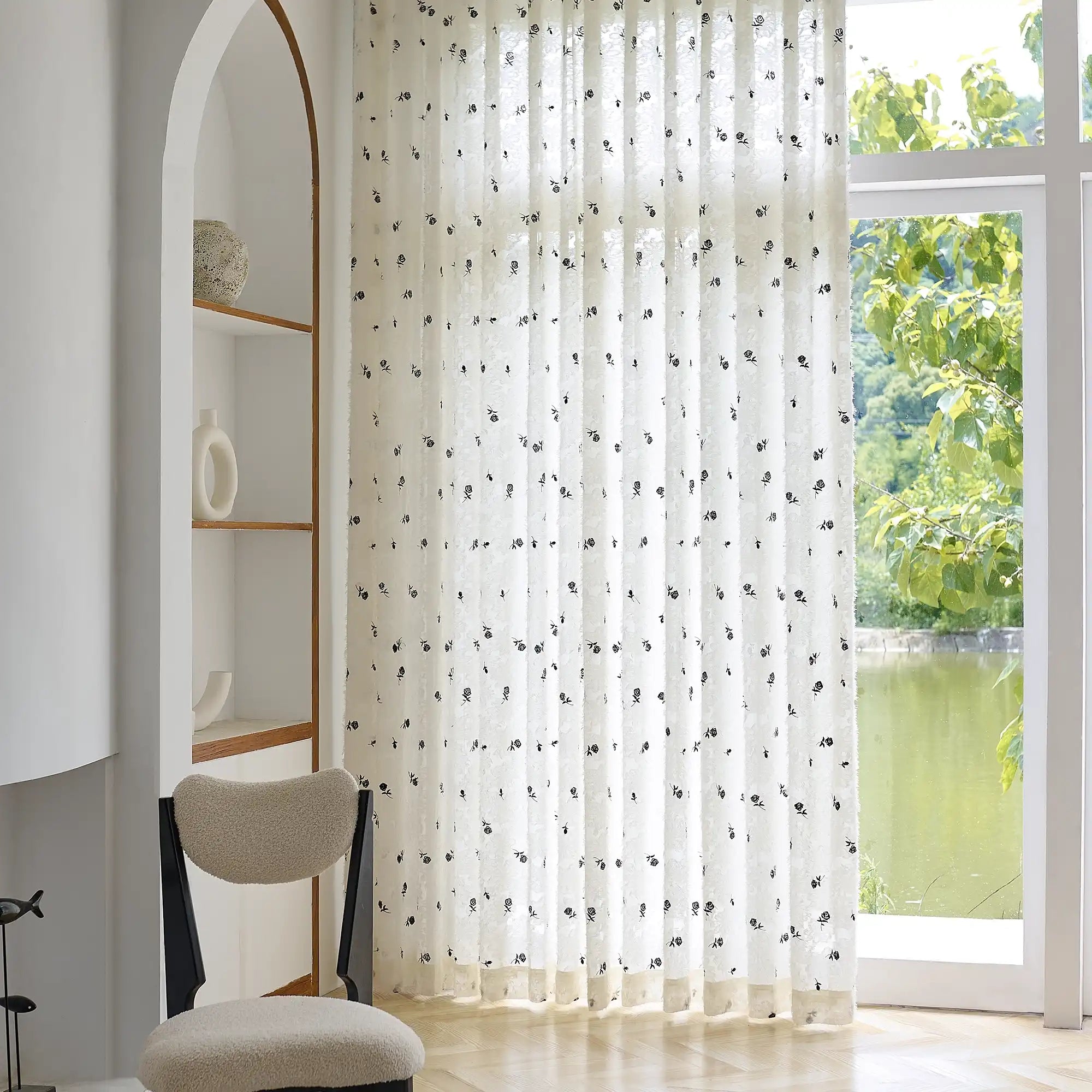 Jessara Black Rose Embroidered Sheer Curtain