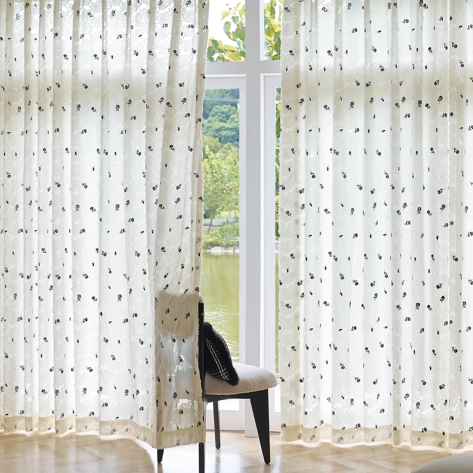 Jessara Black Rose Embroidered Sheer Curtain