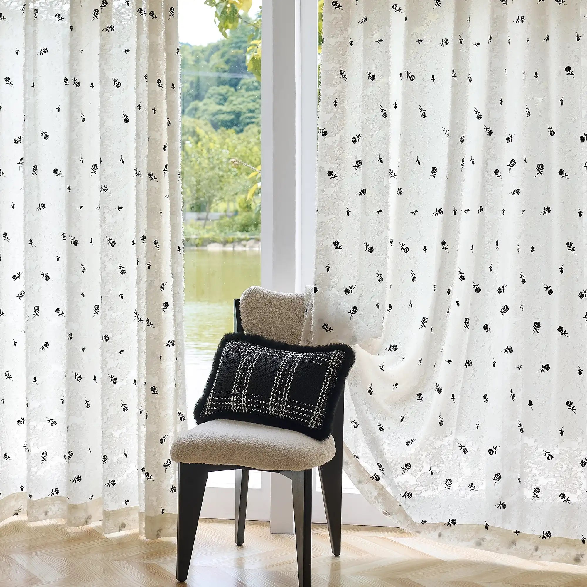 Jessara Black Rose Embroidered Sheer Curtain