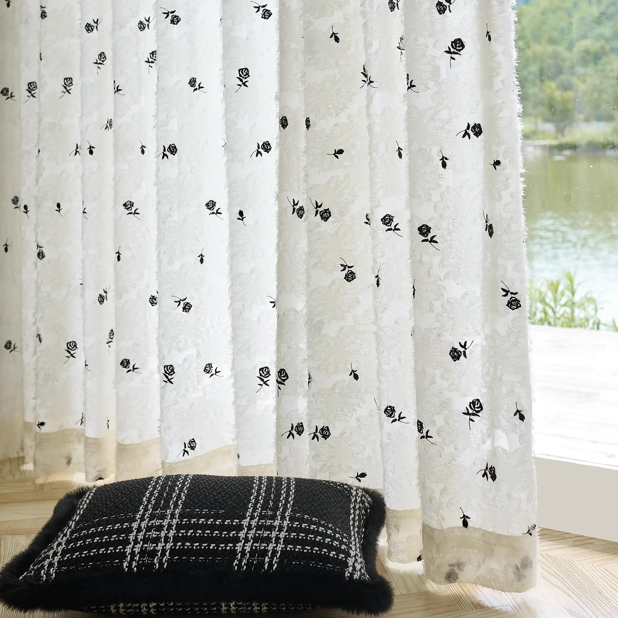 Jessara Black Rose Embroidered Sheer Curtain