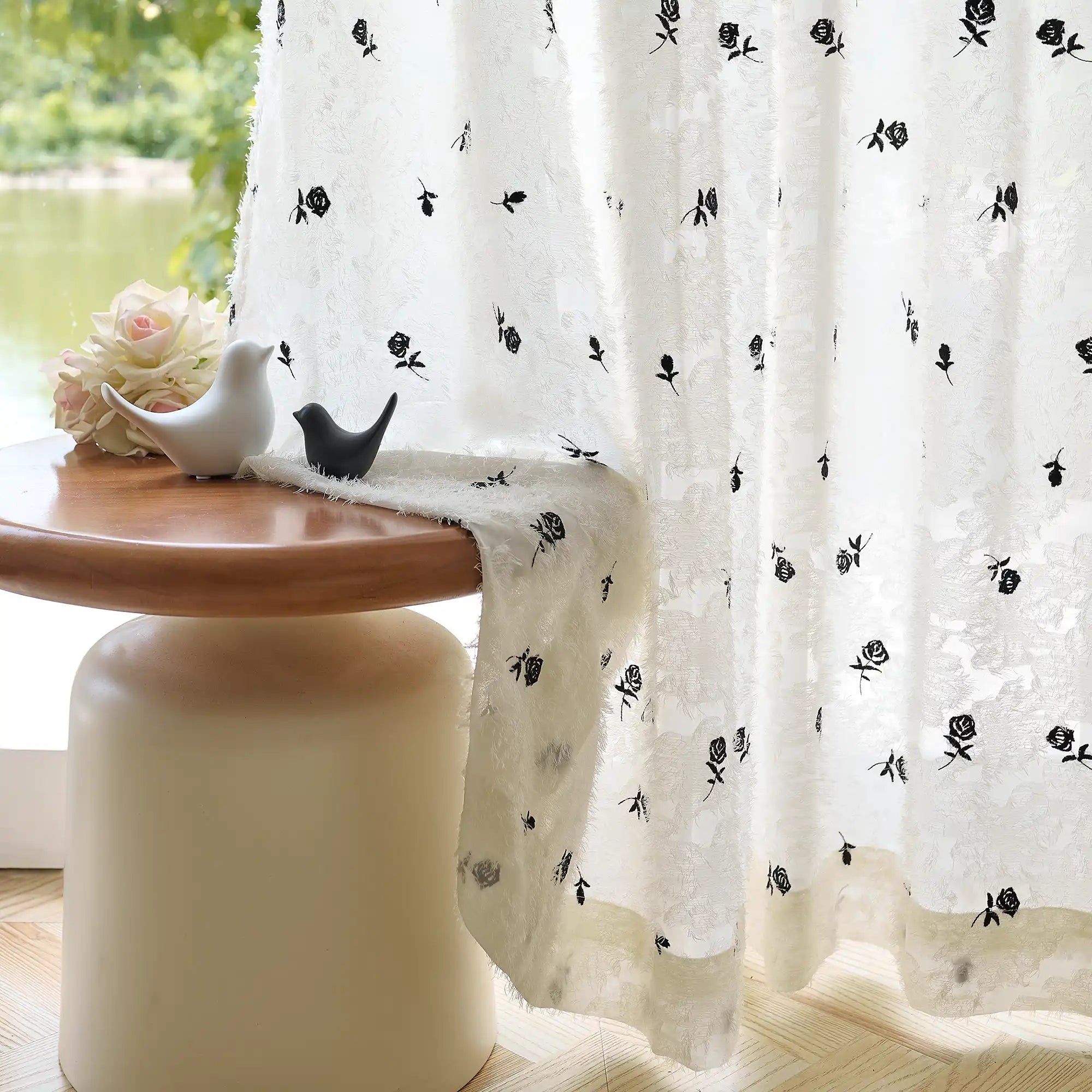 Jessara Black Rose Embroidered Sheer Curtain