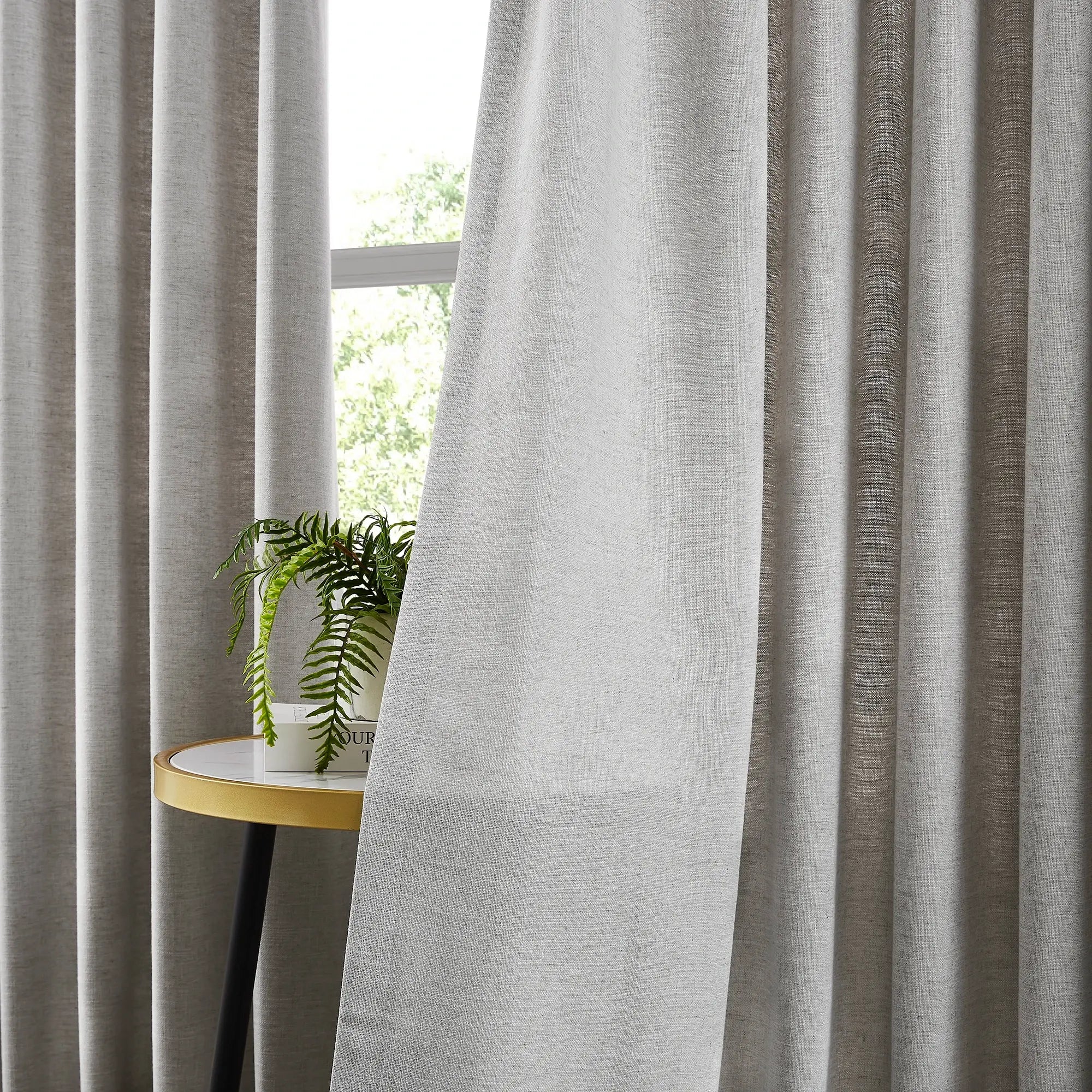 Jovienne linen cotton blend curtain, soft with modern draping, detail display