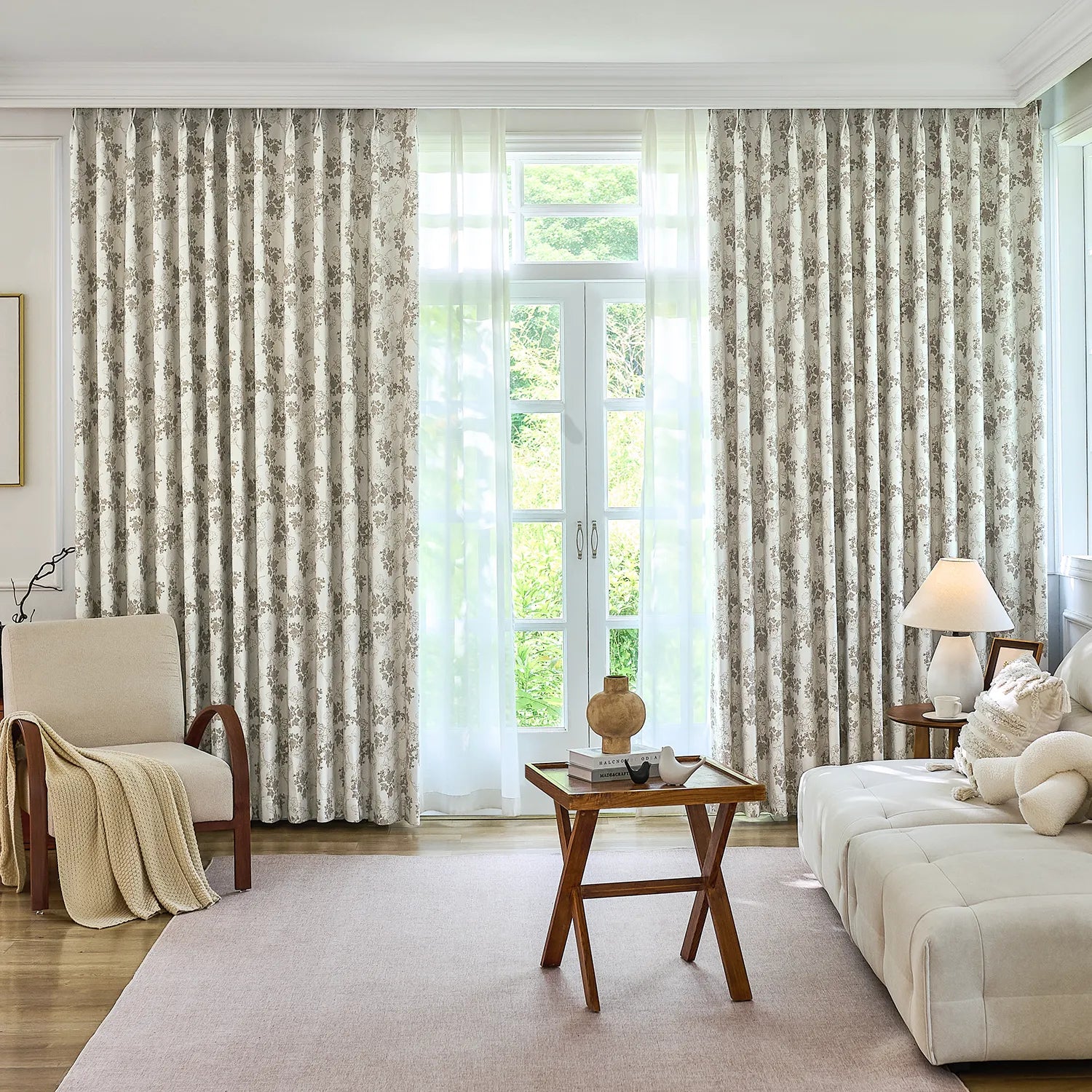 Lila Beige Rose Garden Floral Linen Textured Blackout Drapes