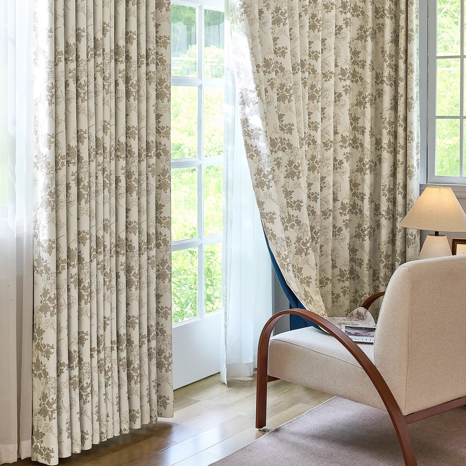 Lila Beige Rose Garden Floral Linen Textured Blackout Drapes
