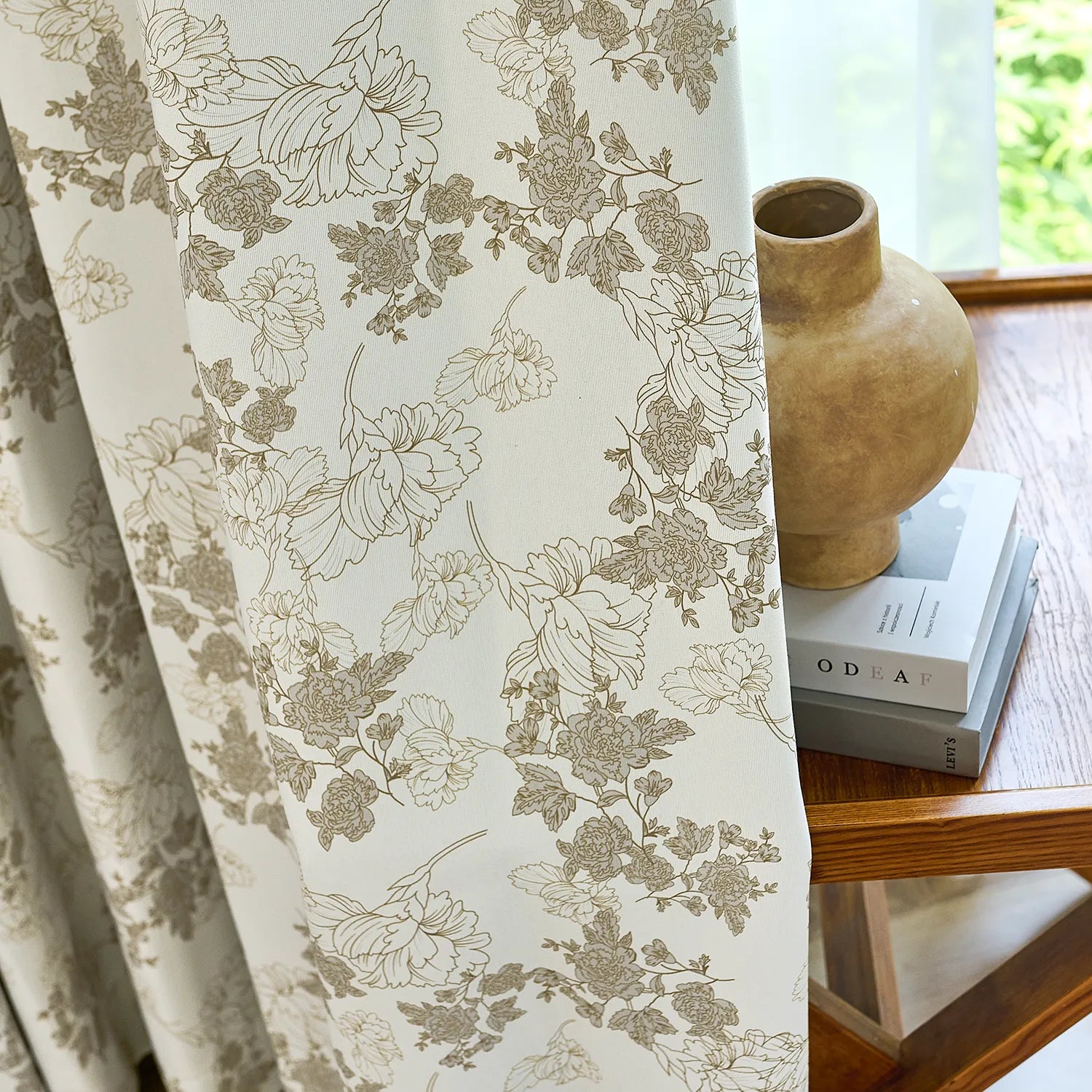 Lila Beige Rose Garden Floral Linen Textured Blackout Drapes