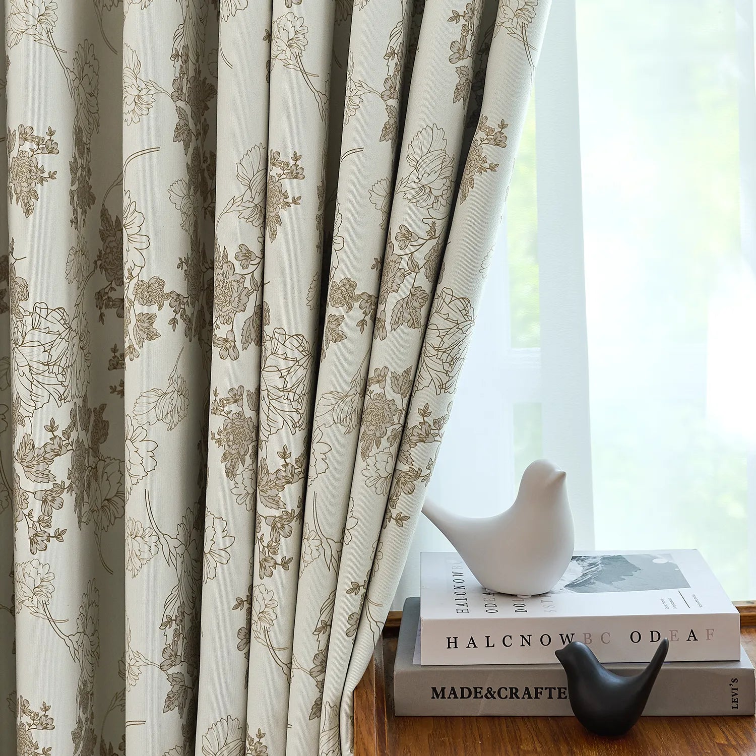 Lila Beige Rose Garden Floral Linen Textured Blackout Drapes