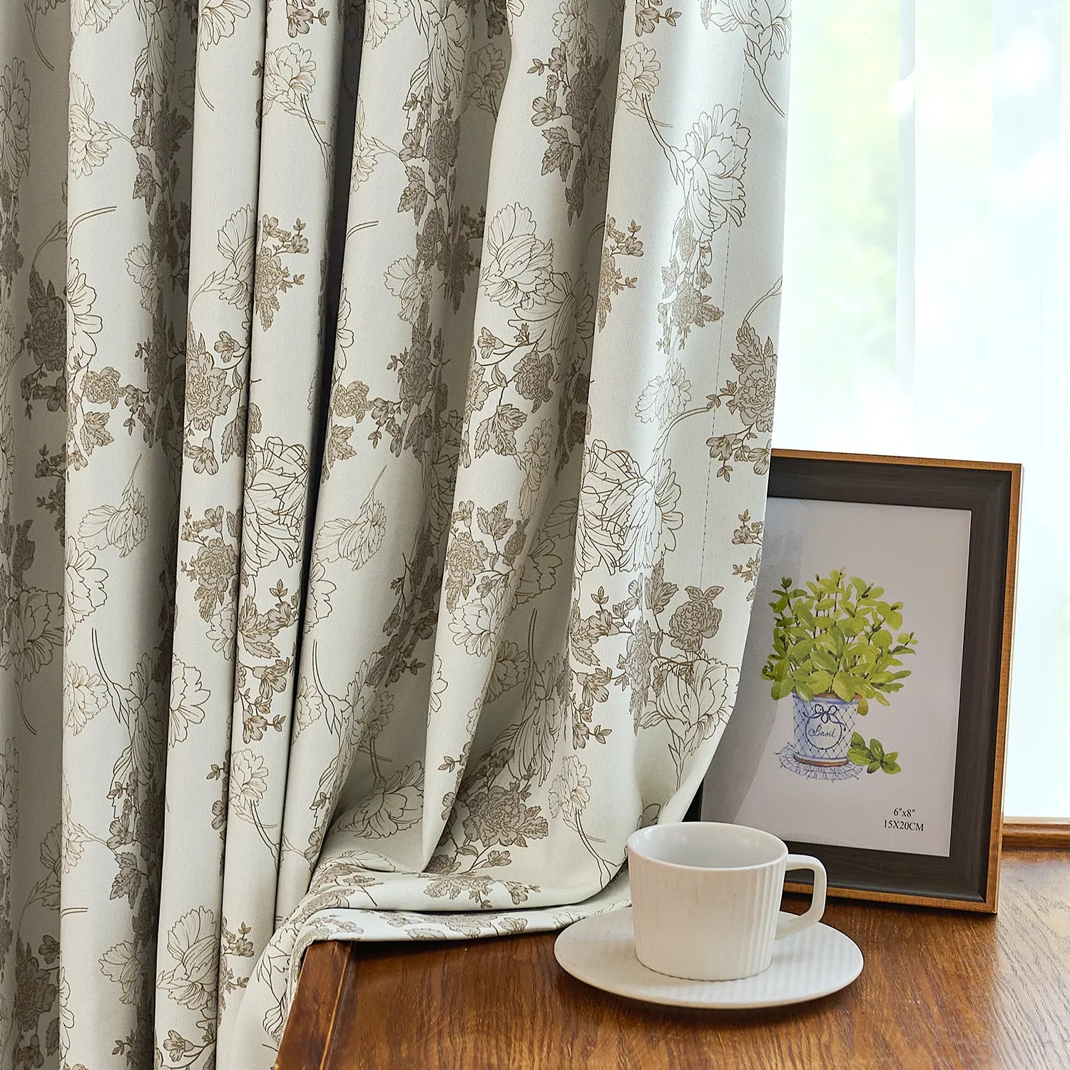 Lila Beige Rose Garden Floral Linen Textured Blackout Drapes