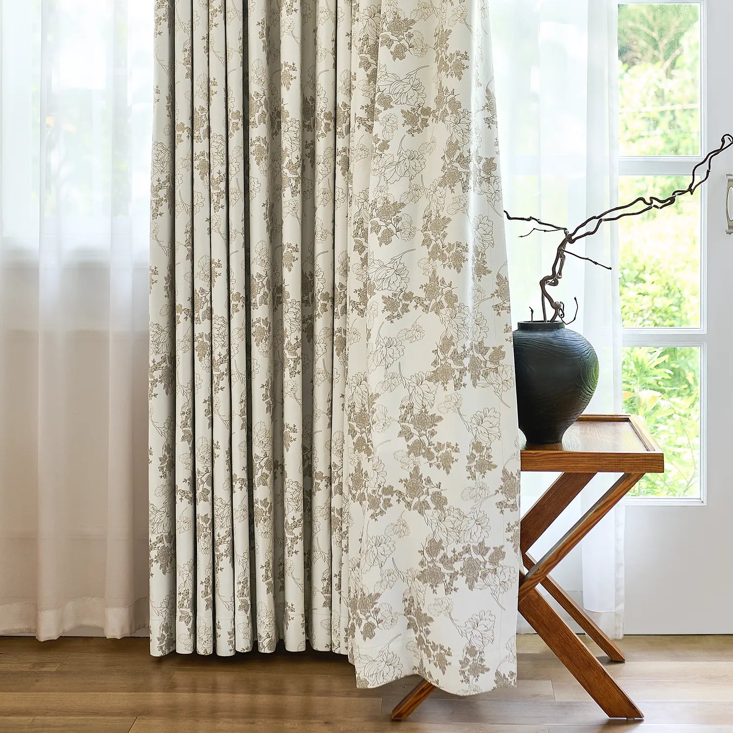 Lila Beige Rose Garden Floral Linen Textured Blackout Drapes
