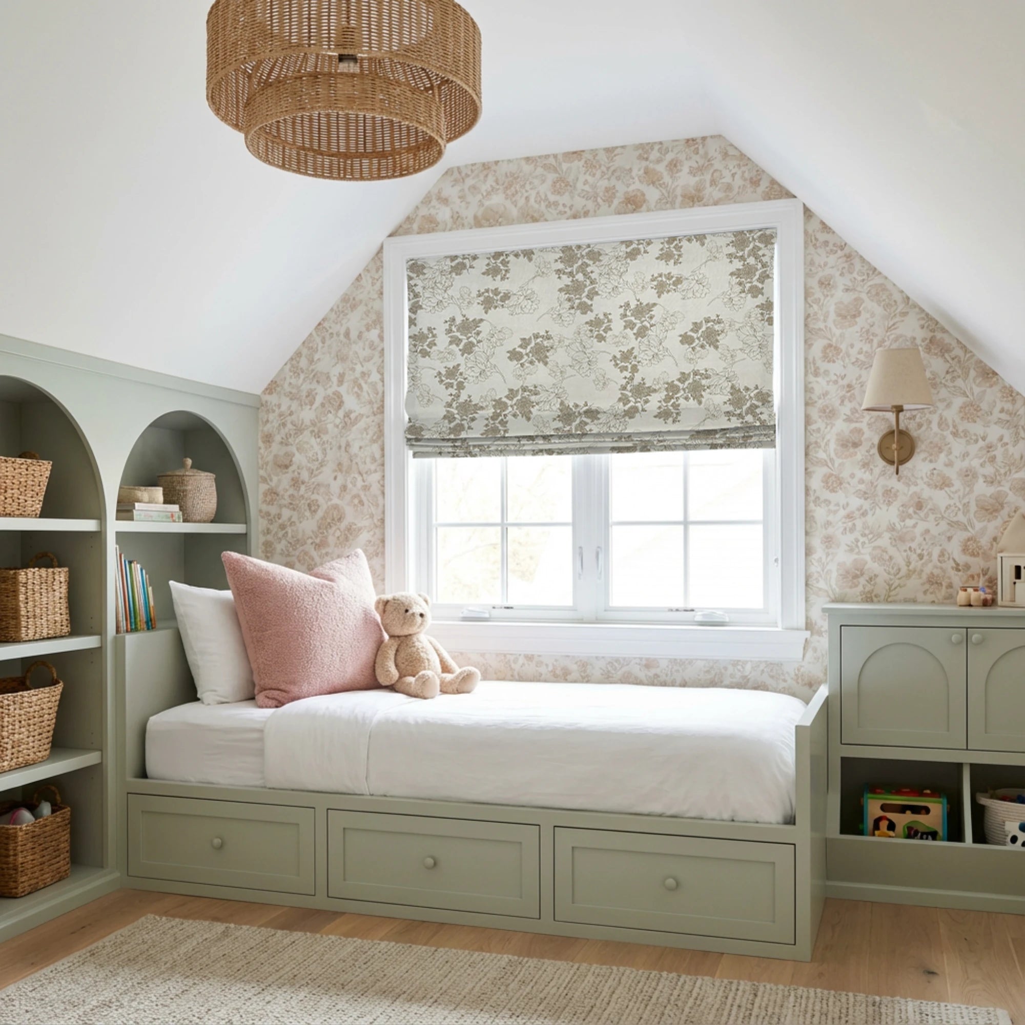 Lila Beige Rose Garden Floral Linen Textured Blackout Roman Shades: Image scene_1 showcases the roman shade with beautiful beige rose garden floral patterns, natural linen textured fabric, great blackout effect and elegant home scene display.