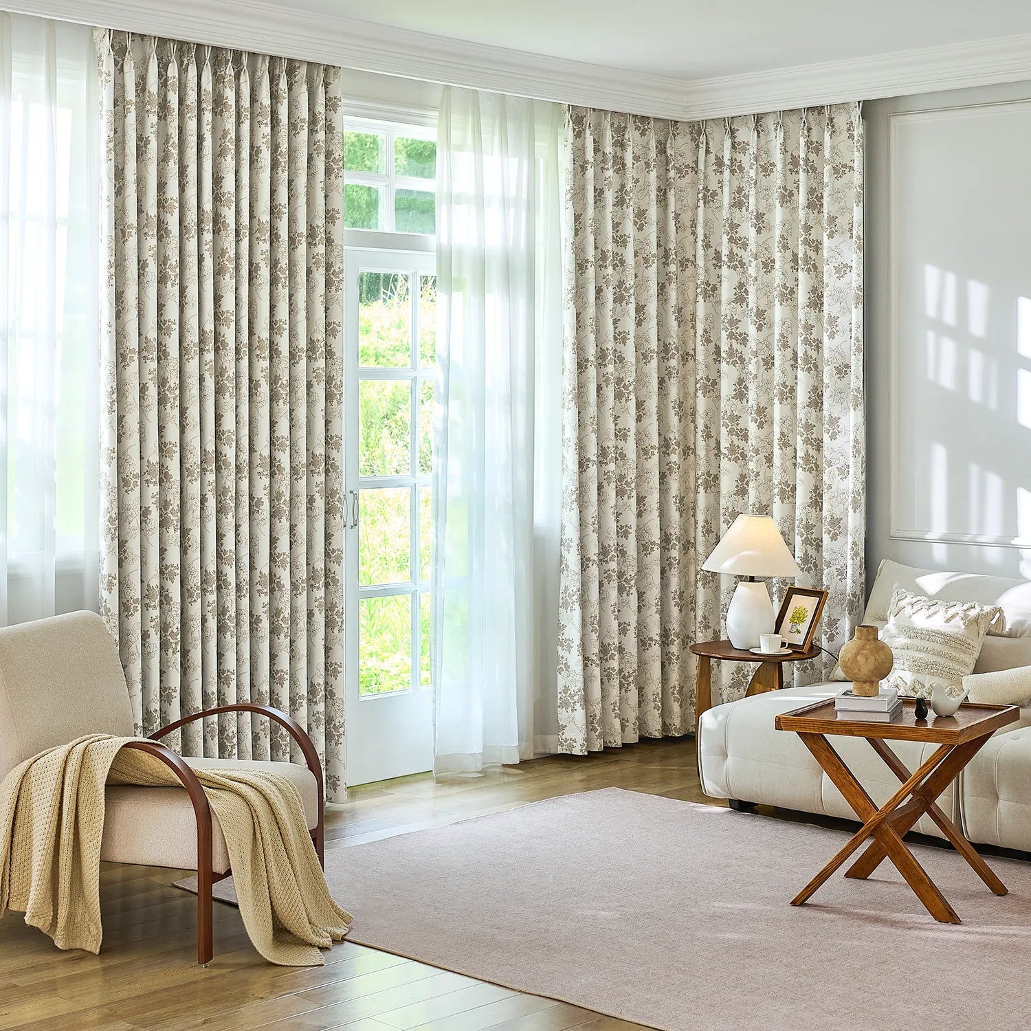 Lila Beige Rose Garden Floral Linen Textured Blackout Drapes