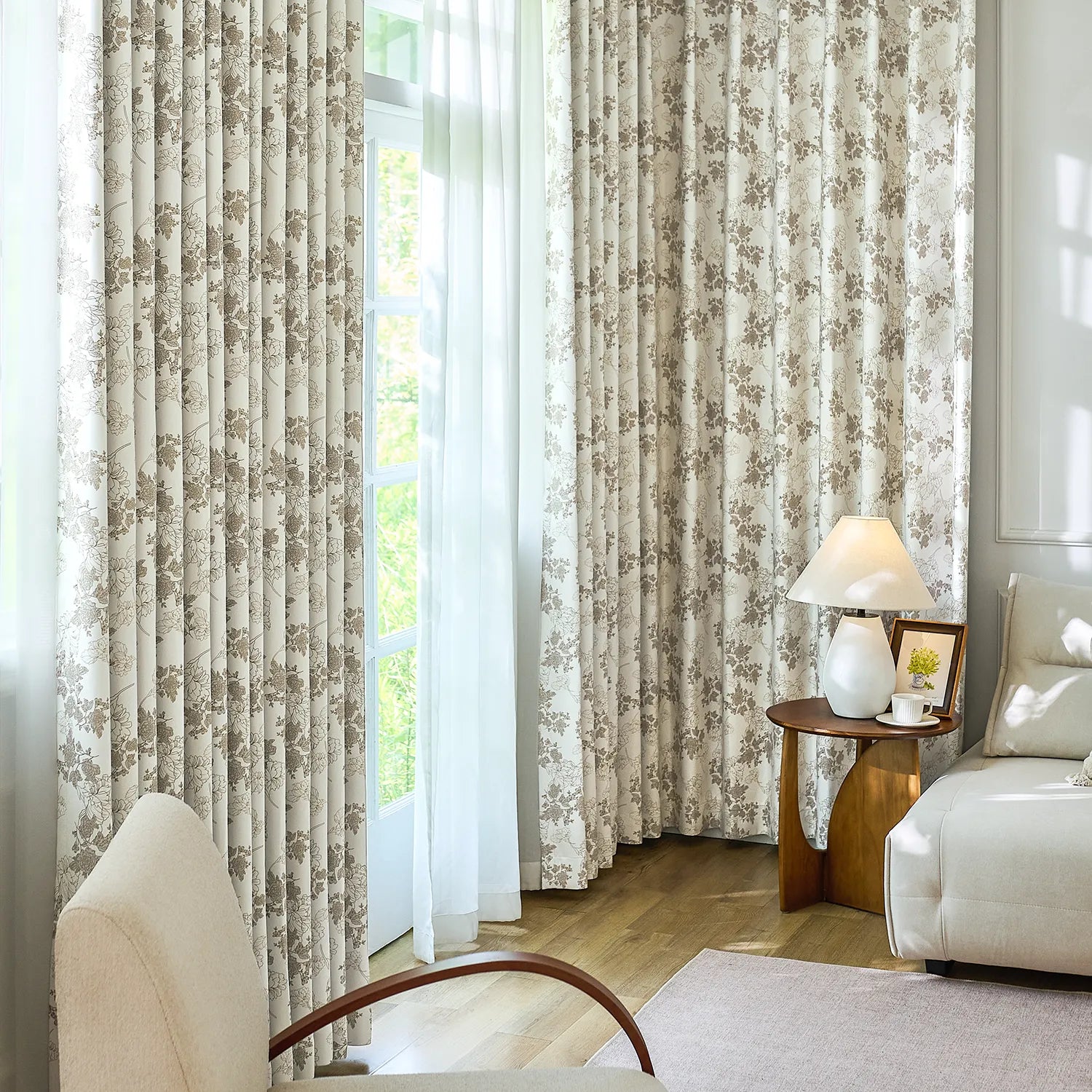 Lila Beige Rose Garden Floral Linen Textured Blackout Drapes