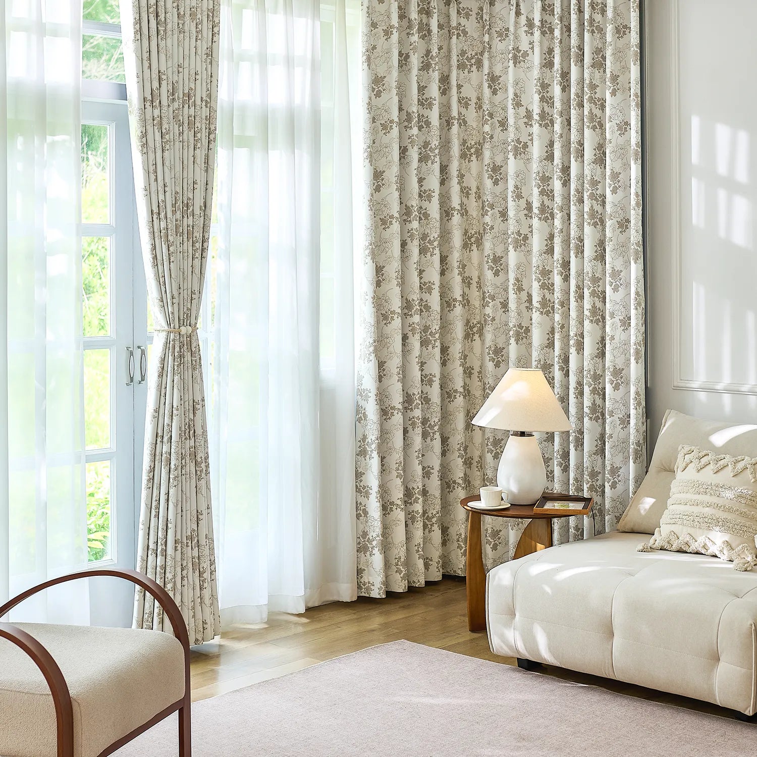Lila Beige Rose Garden Floral Linen Textured Blackout Drapes