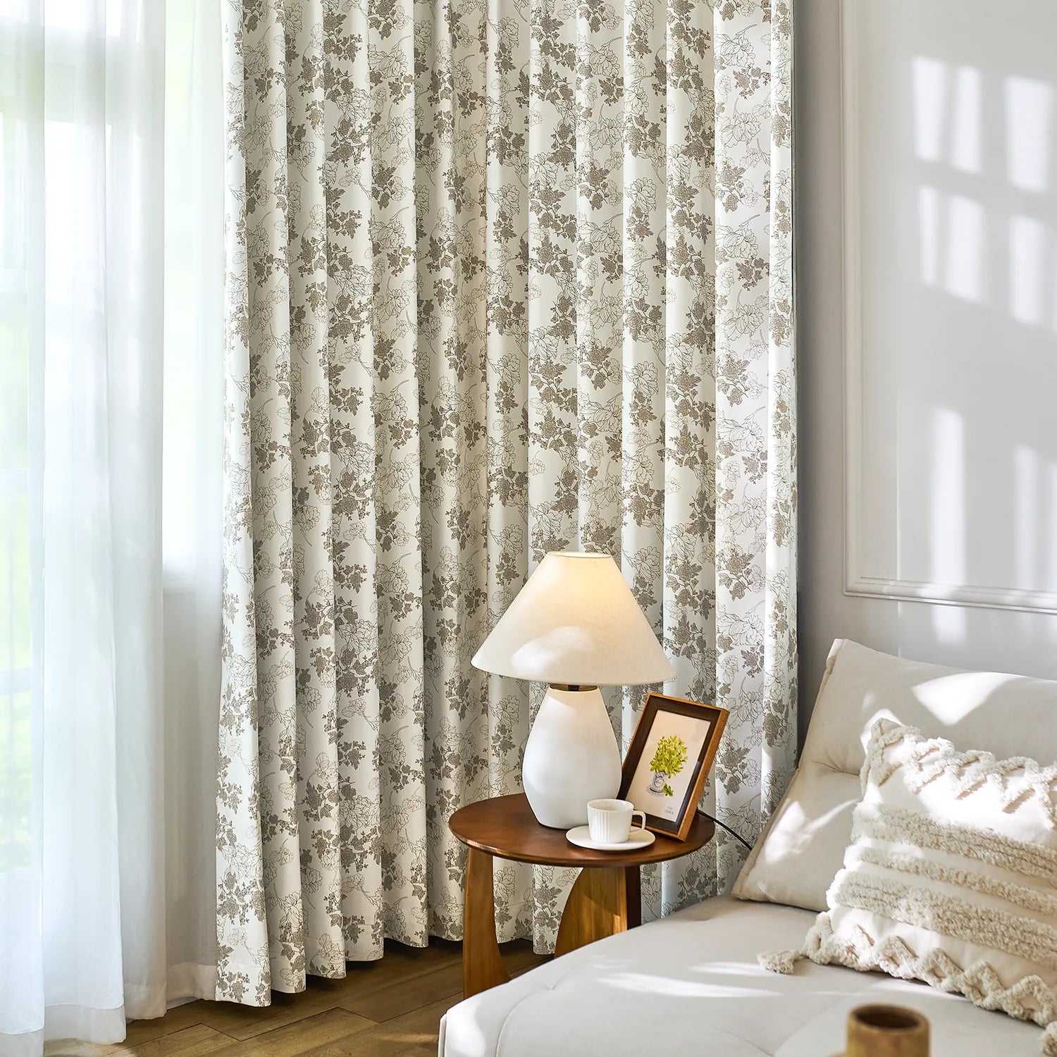 Lila Beige Rose Garden Floral Linen Textured Blackout Drapes
