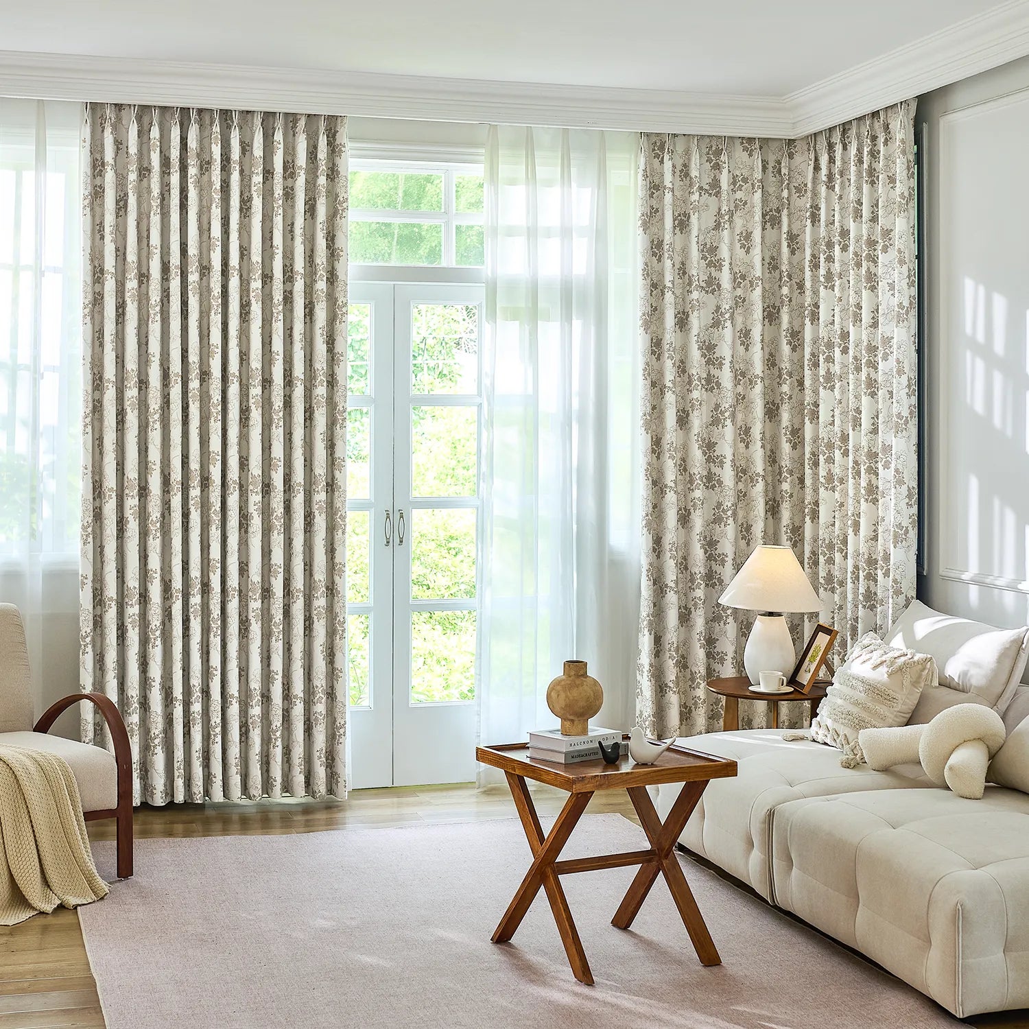 Lila Beige Rose Garden Floral Linen Textured Blackout Drapes