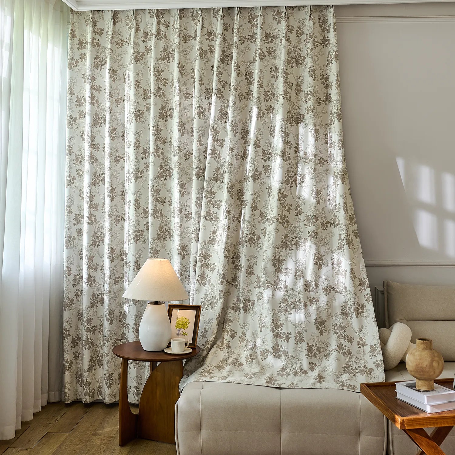 Lila Beige Rose Garden Floral Linen Textured Blackout Drapes