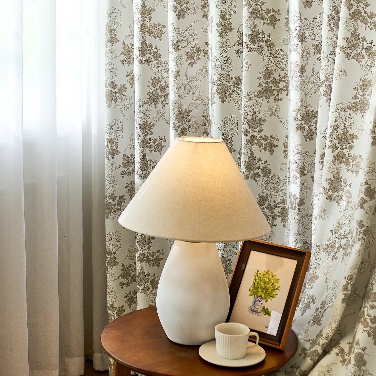 Lila Beige Rose Garden Floral Linen Textured Blackout Drapes